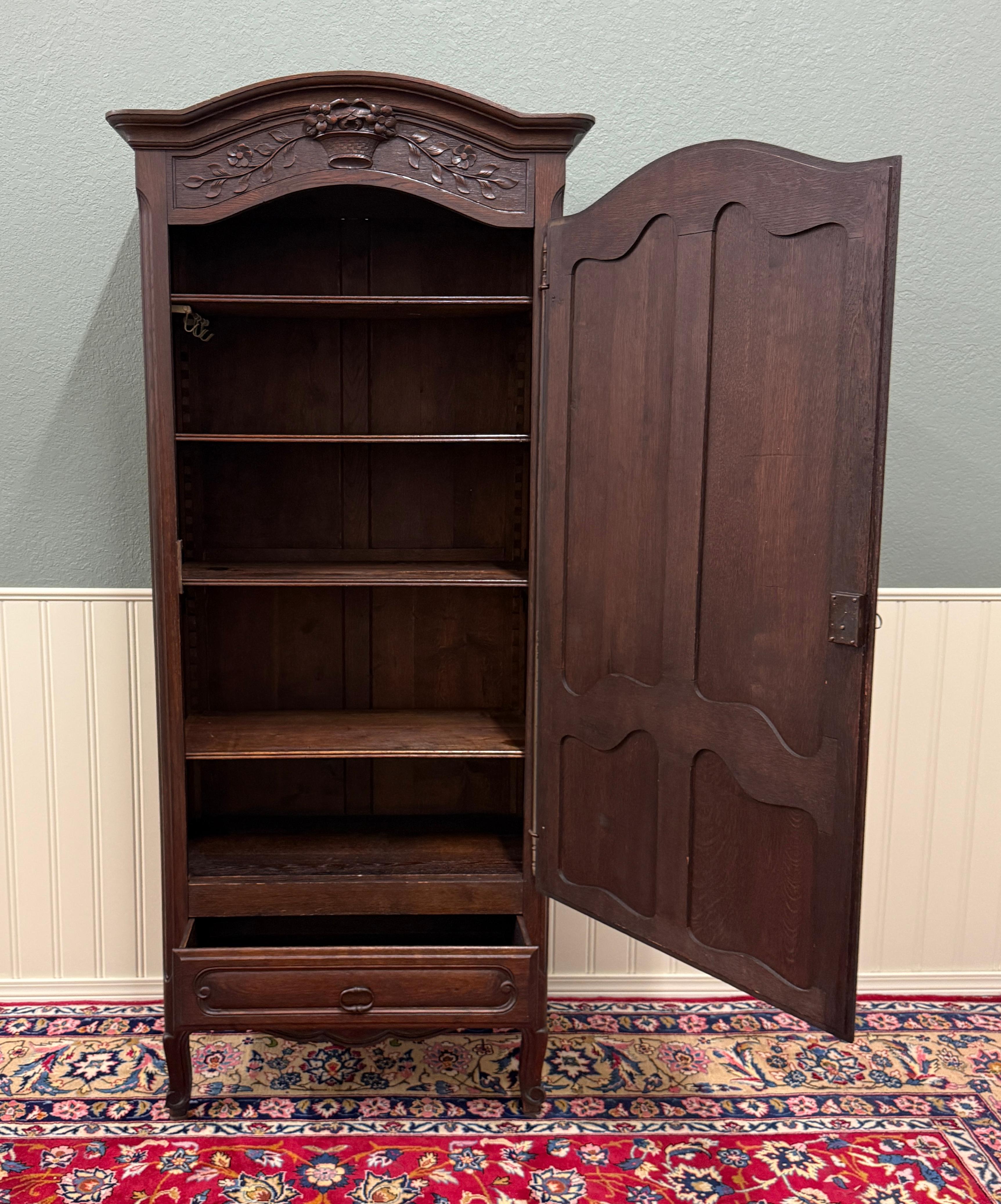 Antique French Louis XV Style Armoire Cupboard Linen Cabinet Bonnetiere Oak For Sale 6