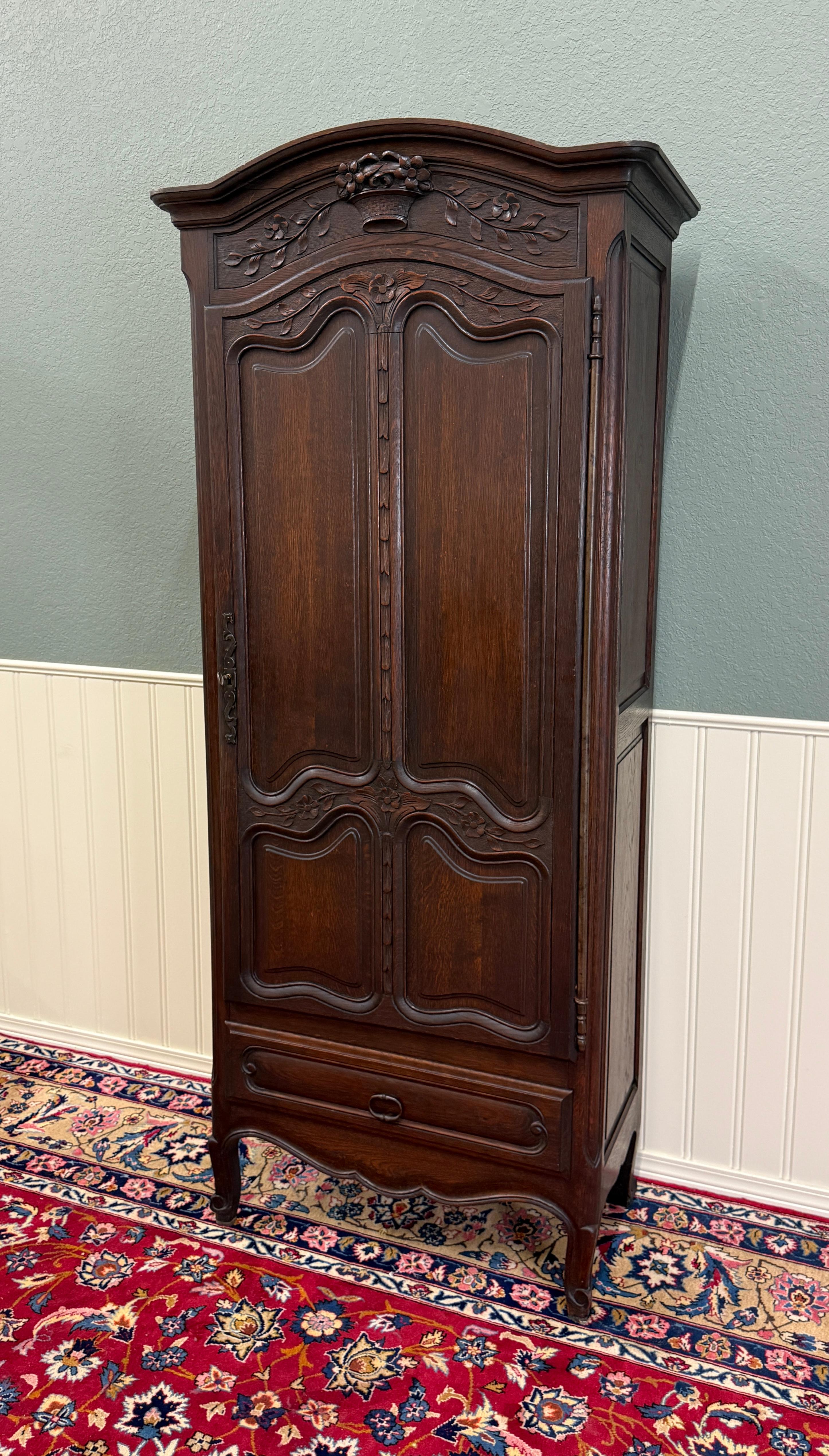 Carved Antique French Louis XV Style Armoire Cupboard Linen Cabinet Bonnetiere Oak For Sale