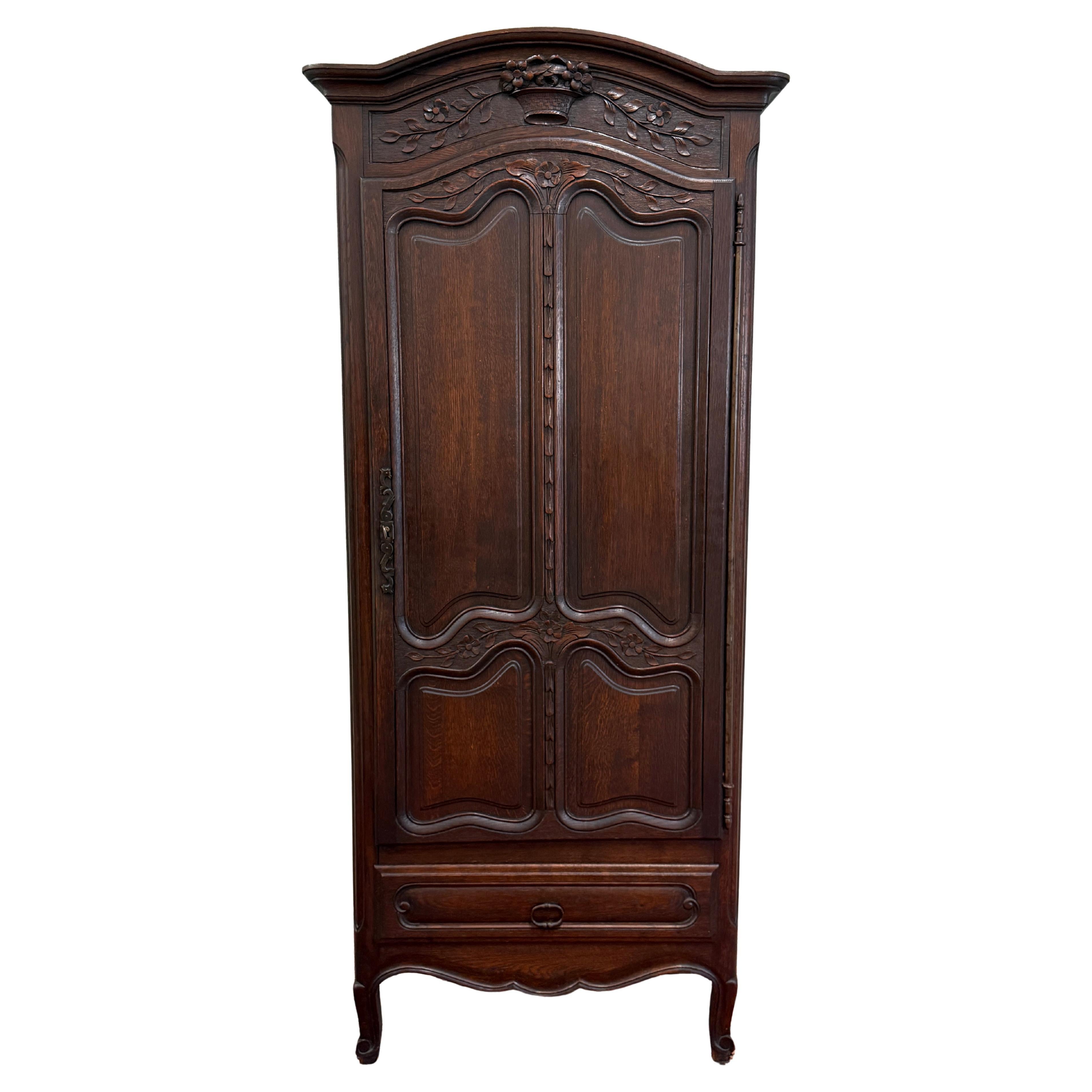 Antique French Louis XV Style Armoire Cupboard Linen Cabinet Bonnetiere Oak For Sale