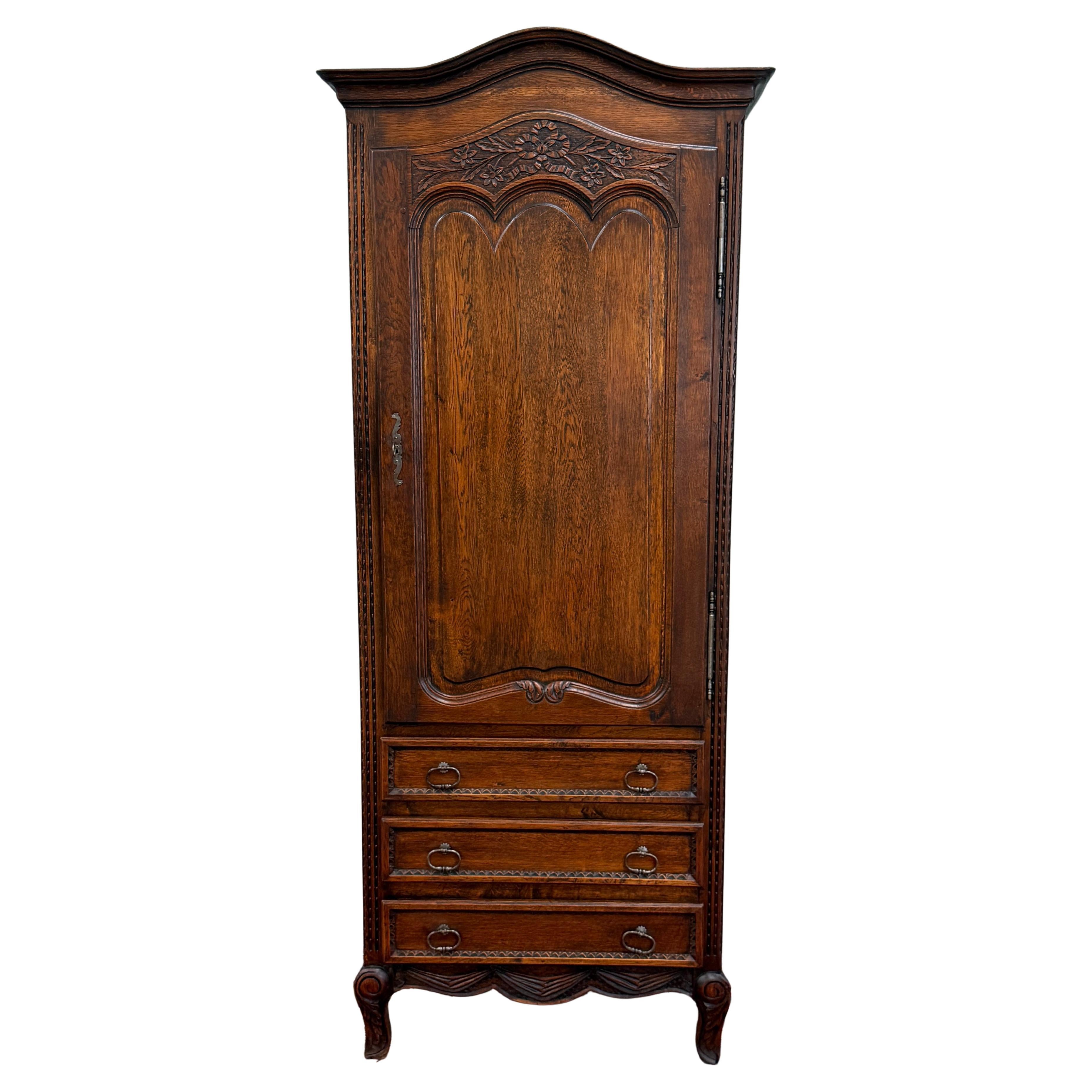 Antique French Louis XV Style Armoire Linen Cabinet Chest Bonnetiere Oak For Sale