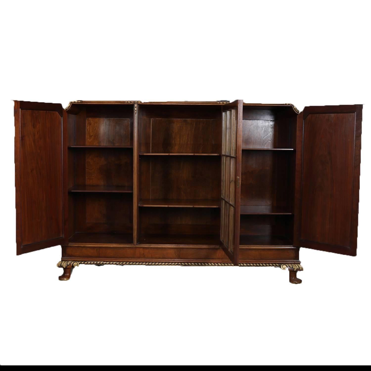 Carved Antique French Louis XV Style Banded, Gilt Burl Walnut Three-Door Bookcase c1900