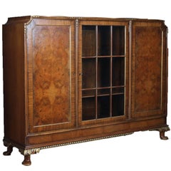 Antique French Louis XV Style Banded, Gilt Burl Walnut Three-Door Bookcase c1900
