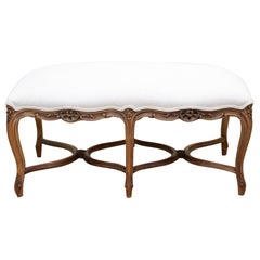 Antique French Louis XV Style Bench Upholstered in Irish Linen