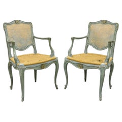 Antique French Louis XV Style Blue Painted Cane Back Fauteuil Arm Chairs - Pair