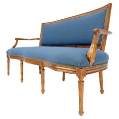 Antique French Louis XV Style Blue Upholstery Light Walnut Frame Sofa MINT