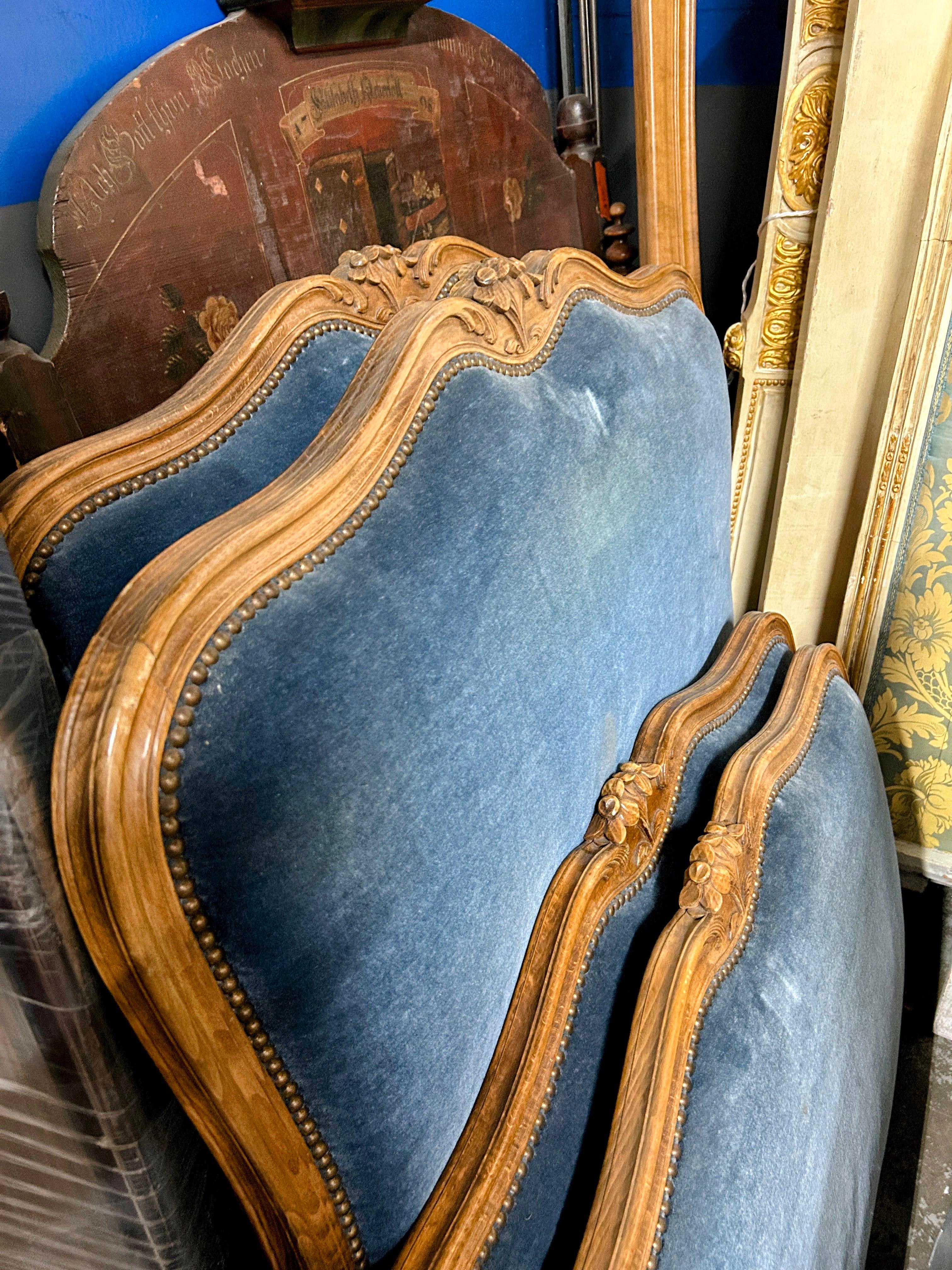 Antique French Louis XV Style Blue Velvet Upholstered Twin Beds, a Pair 9