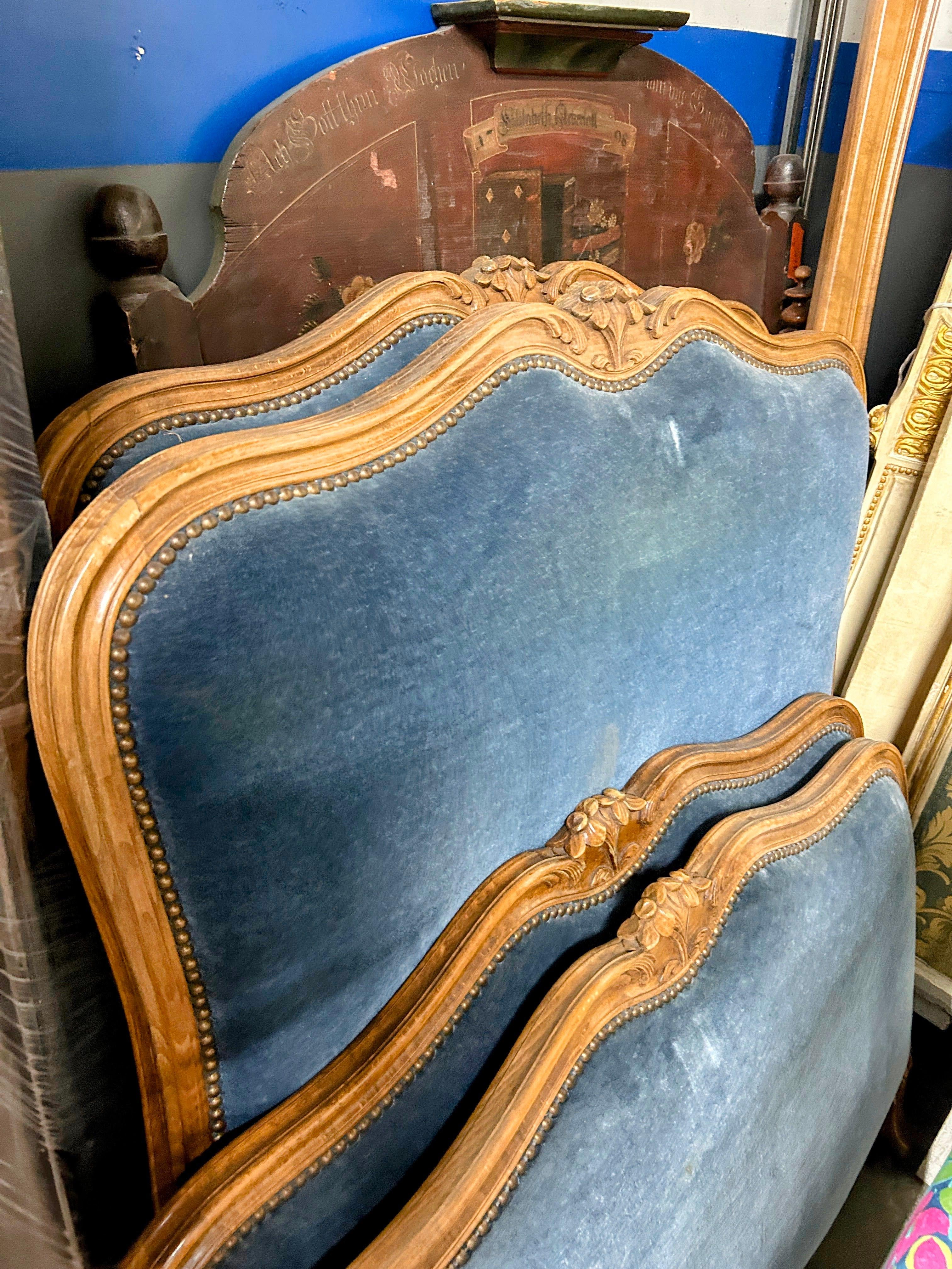 Antique French Louis XV Style Blue Velvet Upholstered Twin Beds, a Pair 10