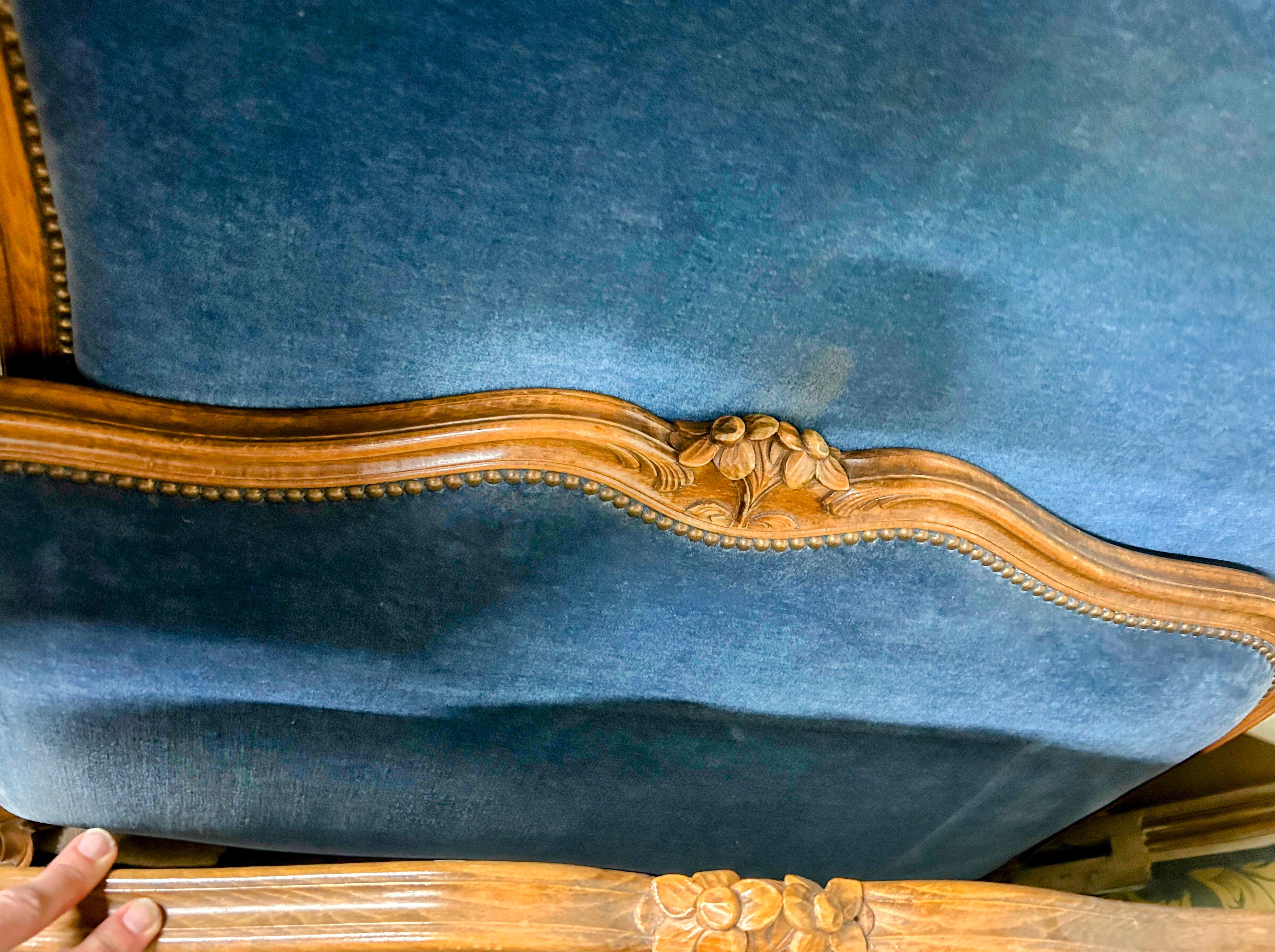 Antique French Louis XV Style Blue Velvet Upholstered Twin Beds, a Pair 12