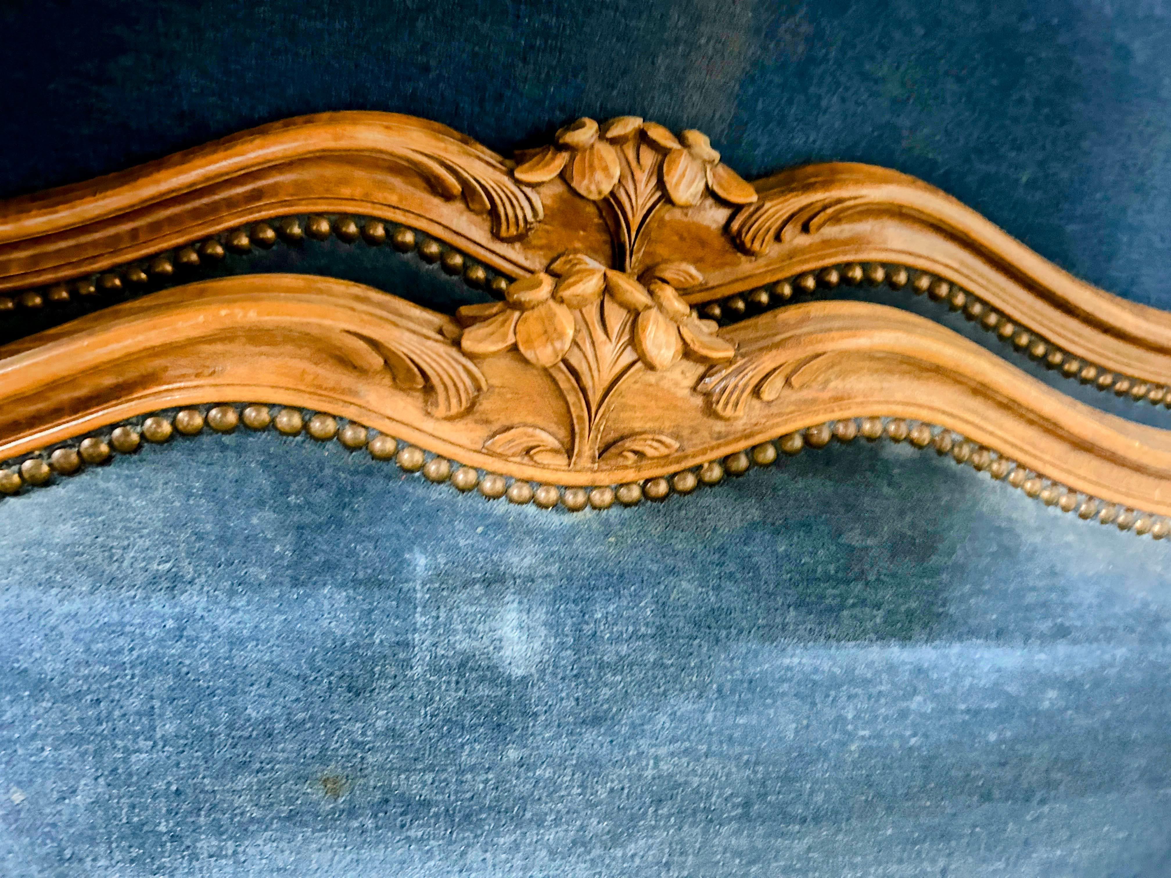 Antique French Louis XV Style Blue Velvet Upholstered Twin Beds, a Pair 14