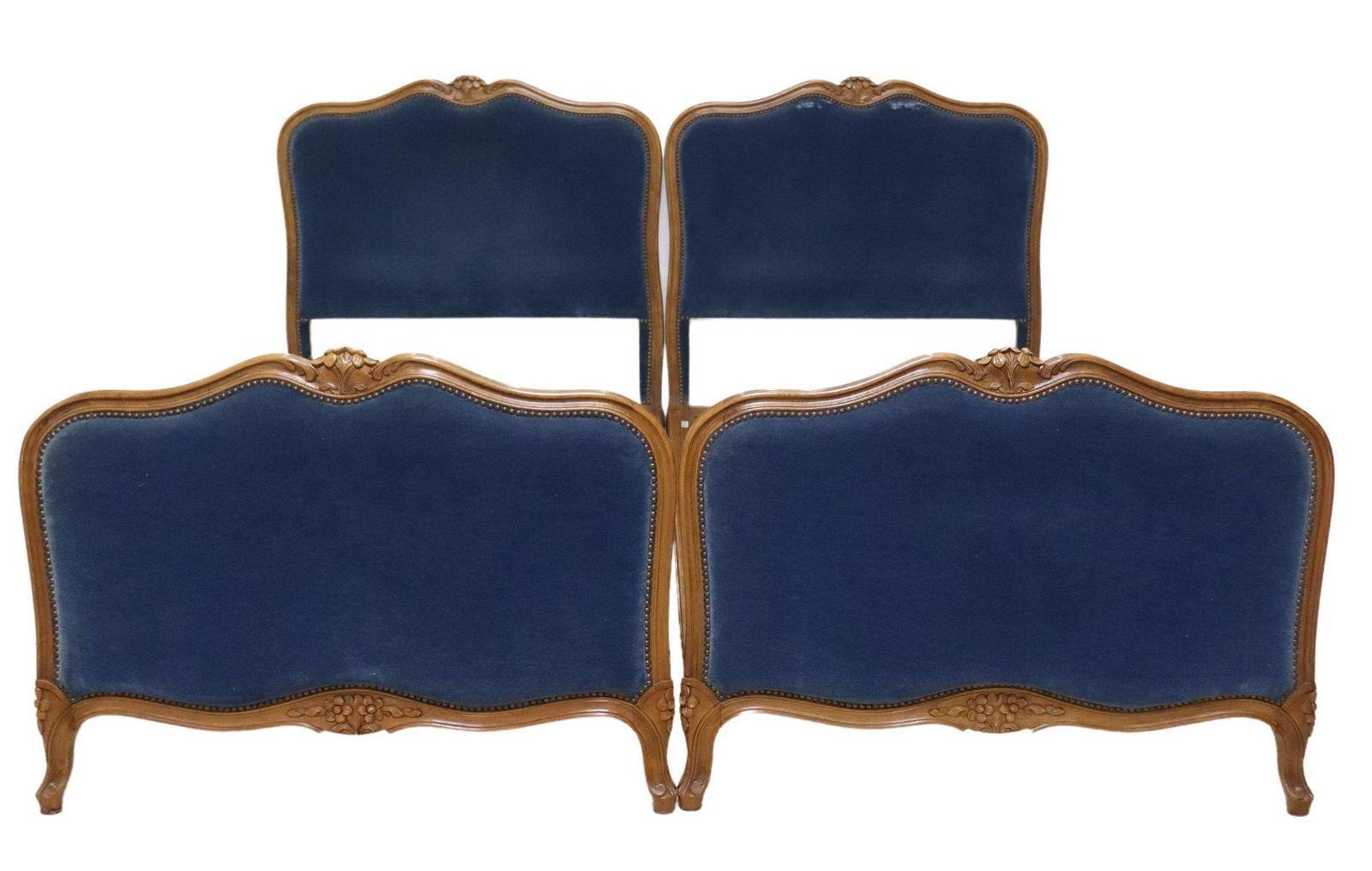 Hand-Crafted Antique French Louis XV Style Blue Velvet Upholstered Twin Beds, a Pair For Sale