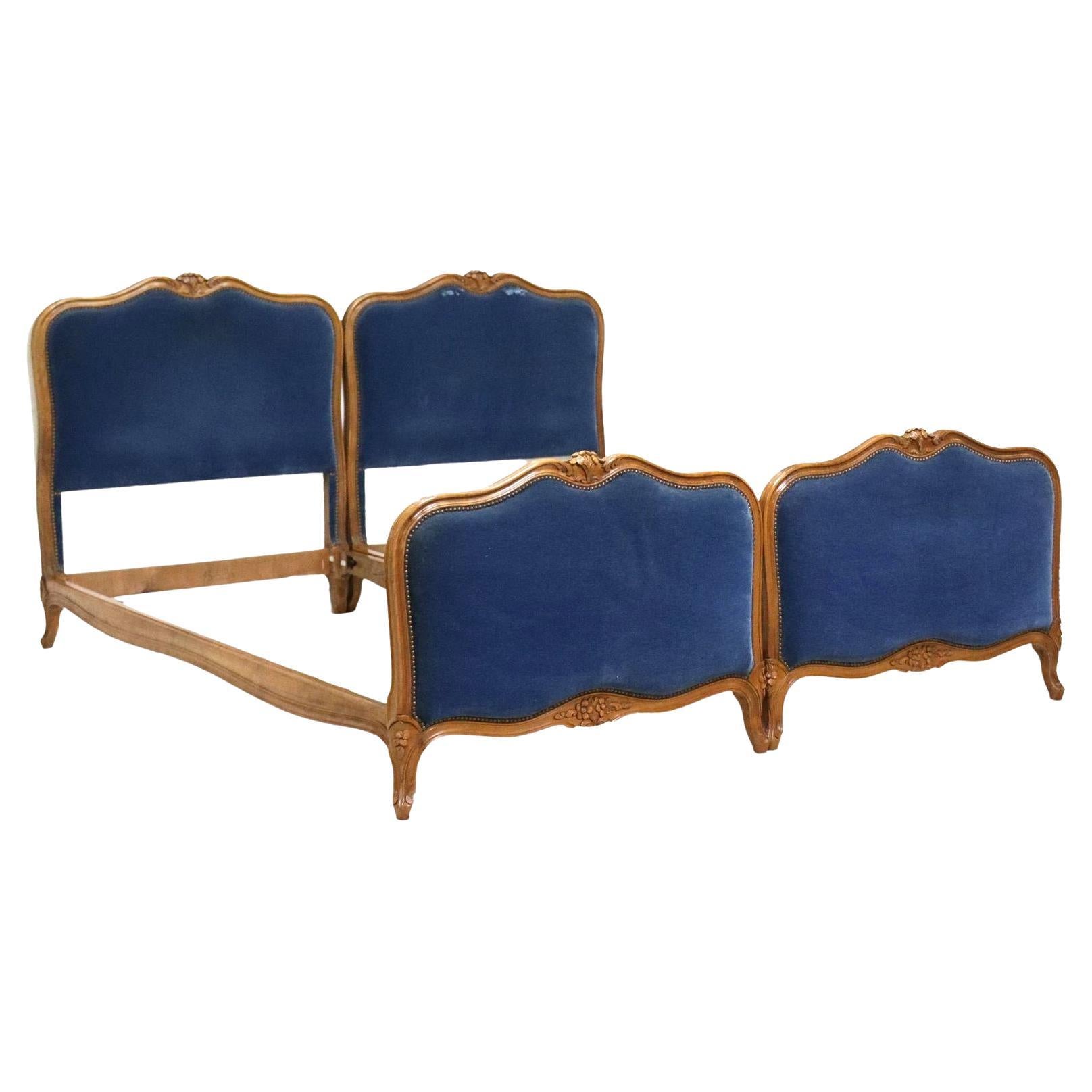 Antique French Louis XV Style Blue Velvet Upholstered Twin Beds, a Pair For Sale