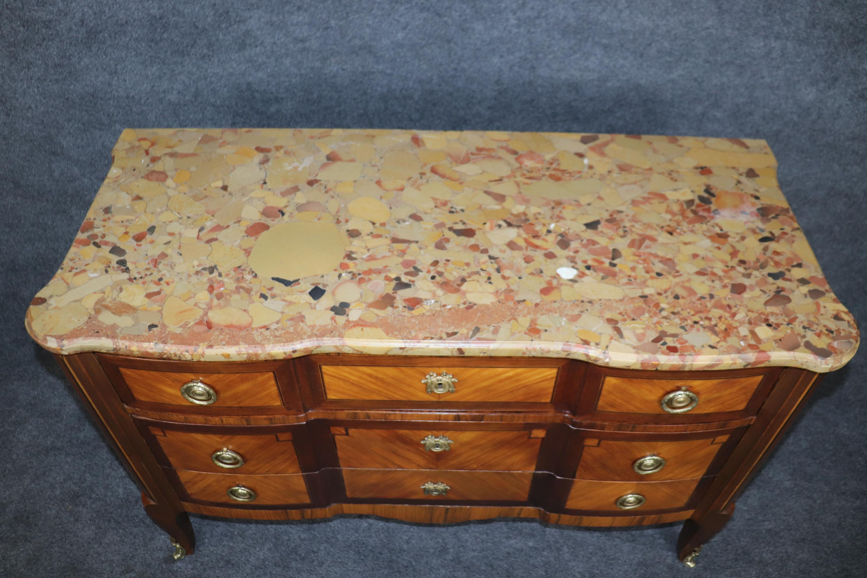 Antique French Louis XV Style Brass Mounted Marble Top Three Drawer Commode  For Sale 1