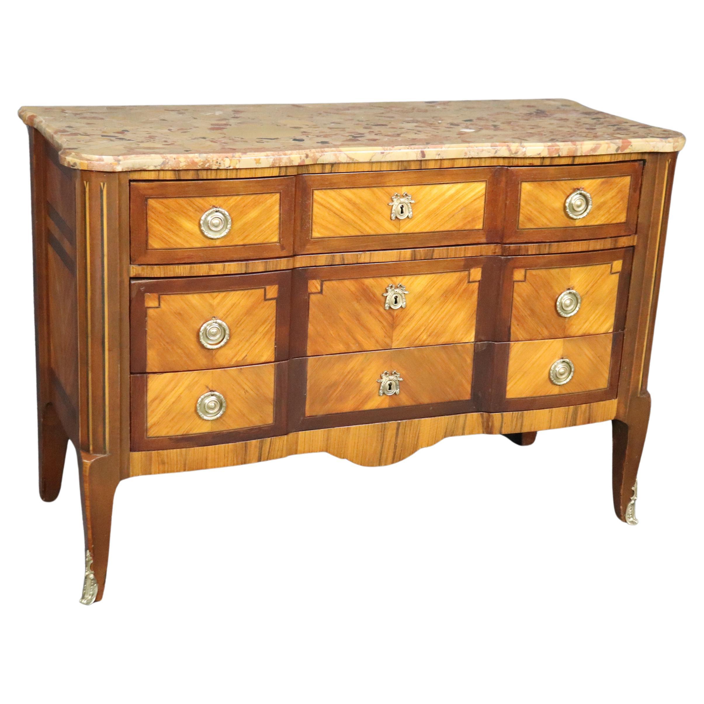 Antique French Louis XV Style Brass Mounted Marble Top Three Drawer Commode  For Sale