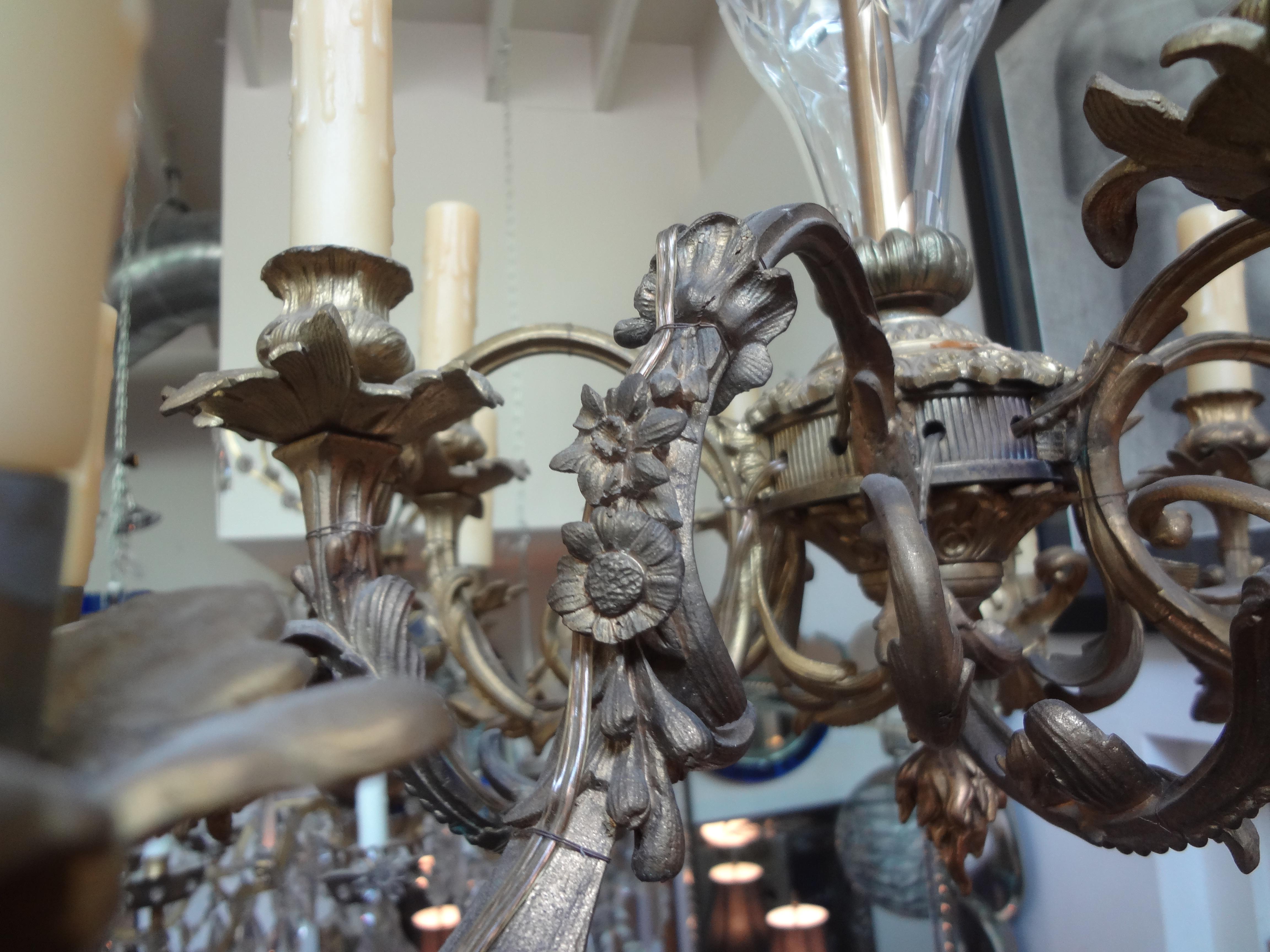 Antique French Louis XV Style Bronze and Crystal Chandelier In Good Condition For Sale In Houston, TX