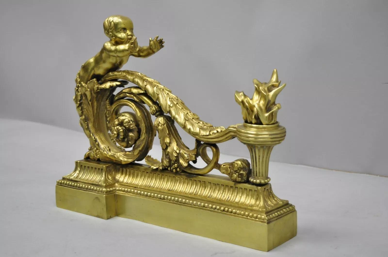 Antike französische Cherub Chenets-Kamin-Feuerböcke aus Bronze im Louis XV.-Stil aus Bronze, Paar im Angebot 5