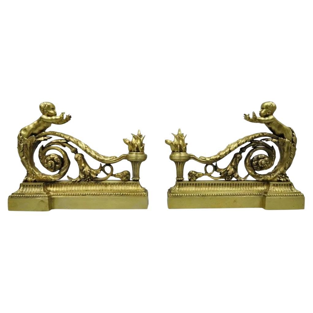 Antike französische Cherub Chenets-Kamin-Feuerböcke aus Bronze im Louis XV.-Stil aus Bronze, Paar