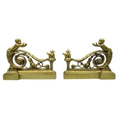 Antike französische Cherub Chenets-Kamin-Feuerböcke aus Bronze im Louis XV.-Stil aus Bronze, Paar