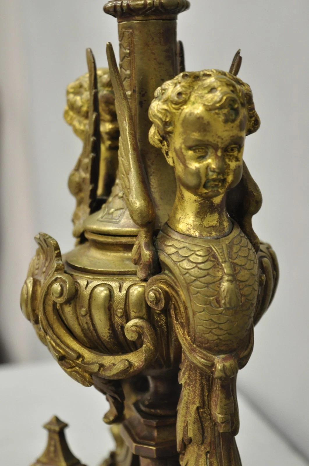 Antique French Louis XV Style Bronze Figural Winged Cherub Gold Table Lamp For Sale 6