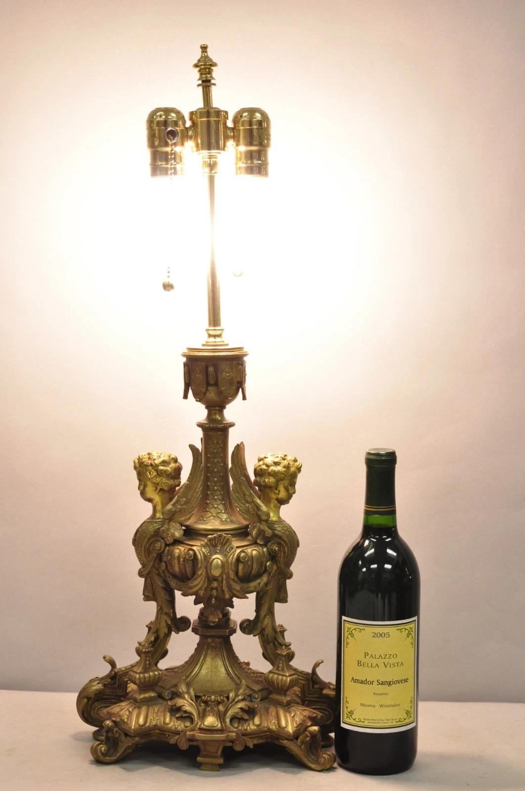 Antique French Louis XV Style Bronze Figural Winged Cherub Gold Table Lamp For Sale 7
