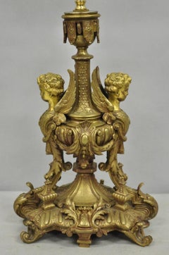 Antique French Louis XV Style Bronze Figural Winged Cherub Gold Table Lamp