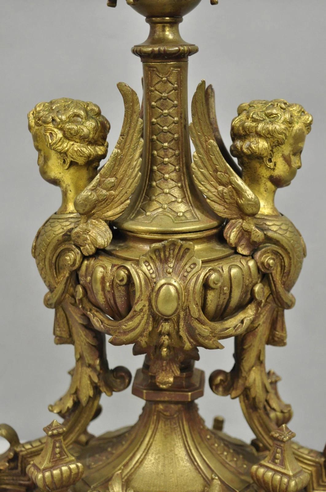 Antique French Louis XV Style Bronze Figural Winged Cherub Gold Table Lamp In Good Condition For Sale In Philadelphia, PA