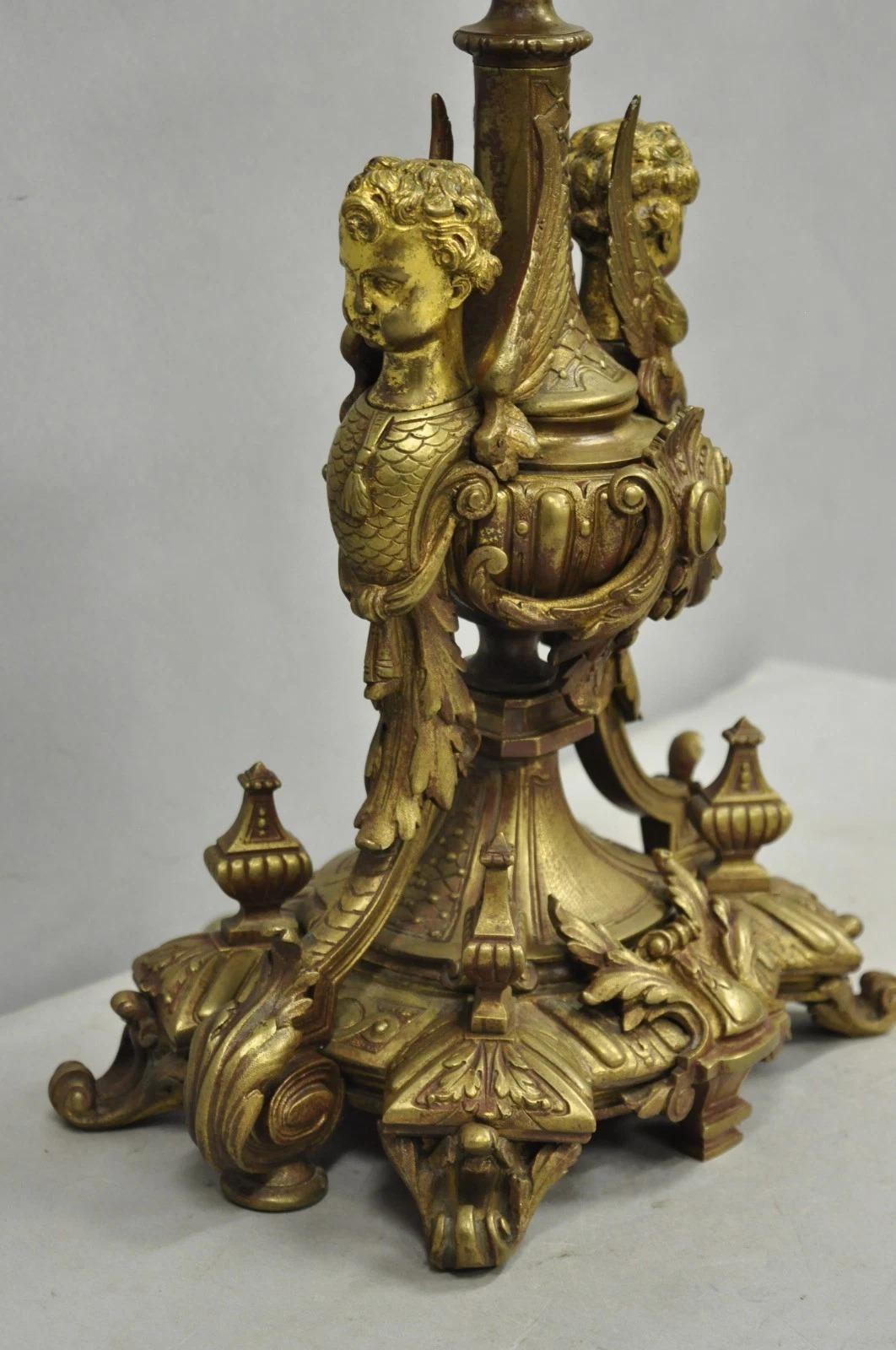 Antique French Louis XV Style Bronze Figural Winged Cherub Gold Table Lamp For Sale 2
