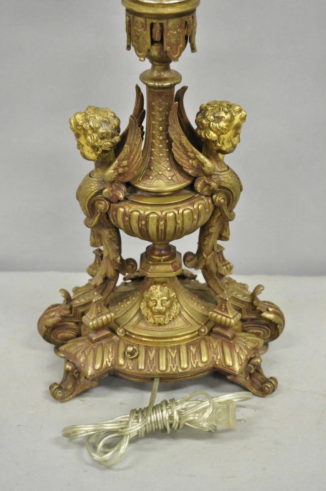 Antique French Louis XV Style Bronze Figural Winged Cherub Gold Table Lamp For Sale 4