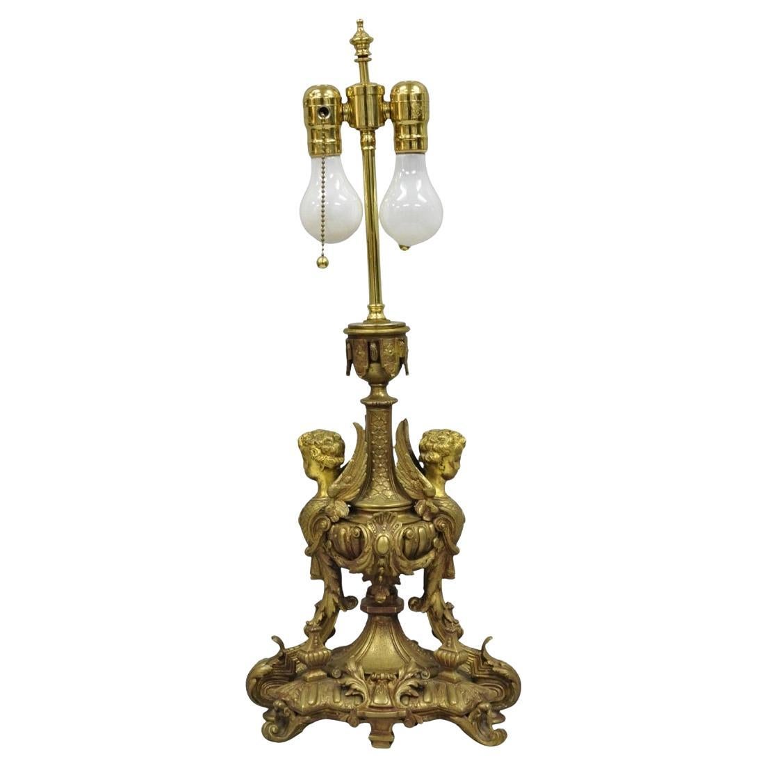 Antique French Louis XV Style Bronze Figural Winged Cherub Gold Table Lamp For Sale