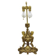 Antique French Louis XV Style Bronze Figural Winged Cherub Gold Table Lamp