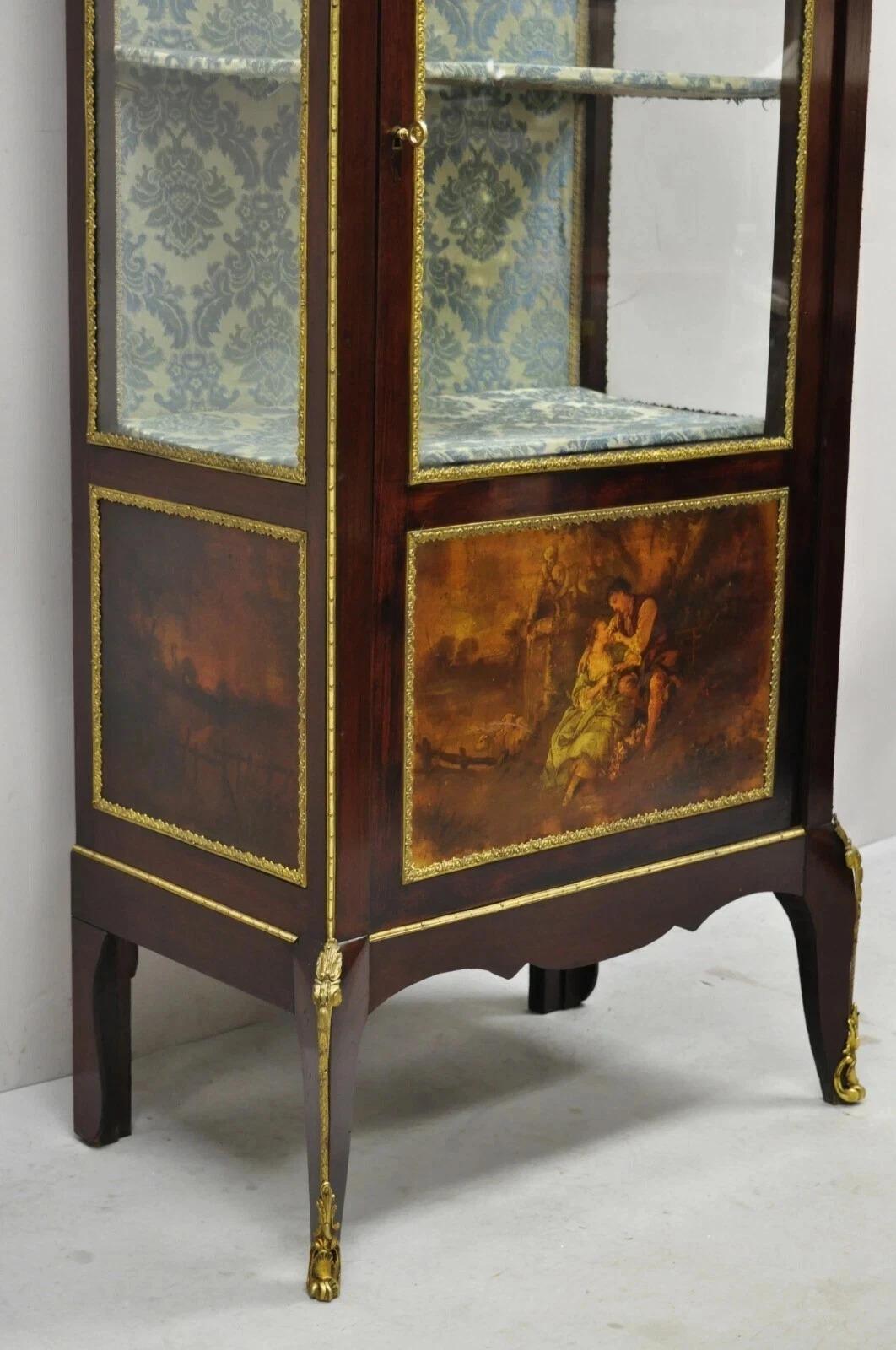 Antique French Louis XV Style Bronze Mount Hand Painted Curio Display Cabinet For Sale 4