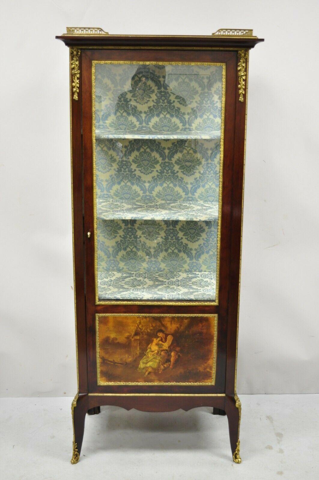 Antique French Louis XV style bronze mount hand painted curio display cabinet. Item features a hand painted door front, finely cast bronze ormolu, fabric upholstered blue interior,1 glass swing door, working lock and key, 3 shelves, very nice