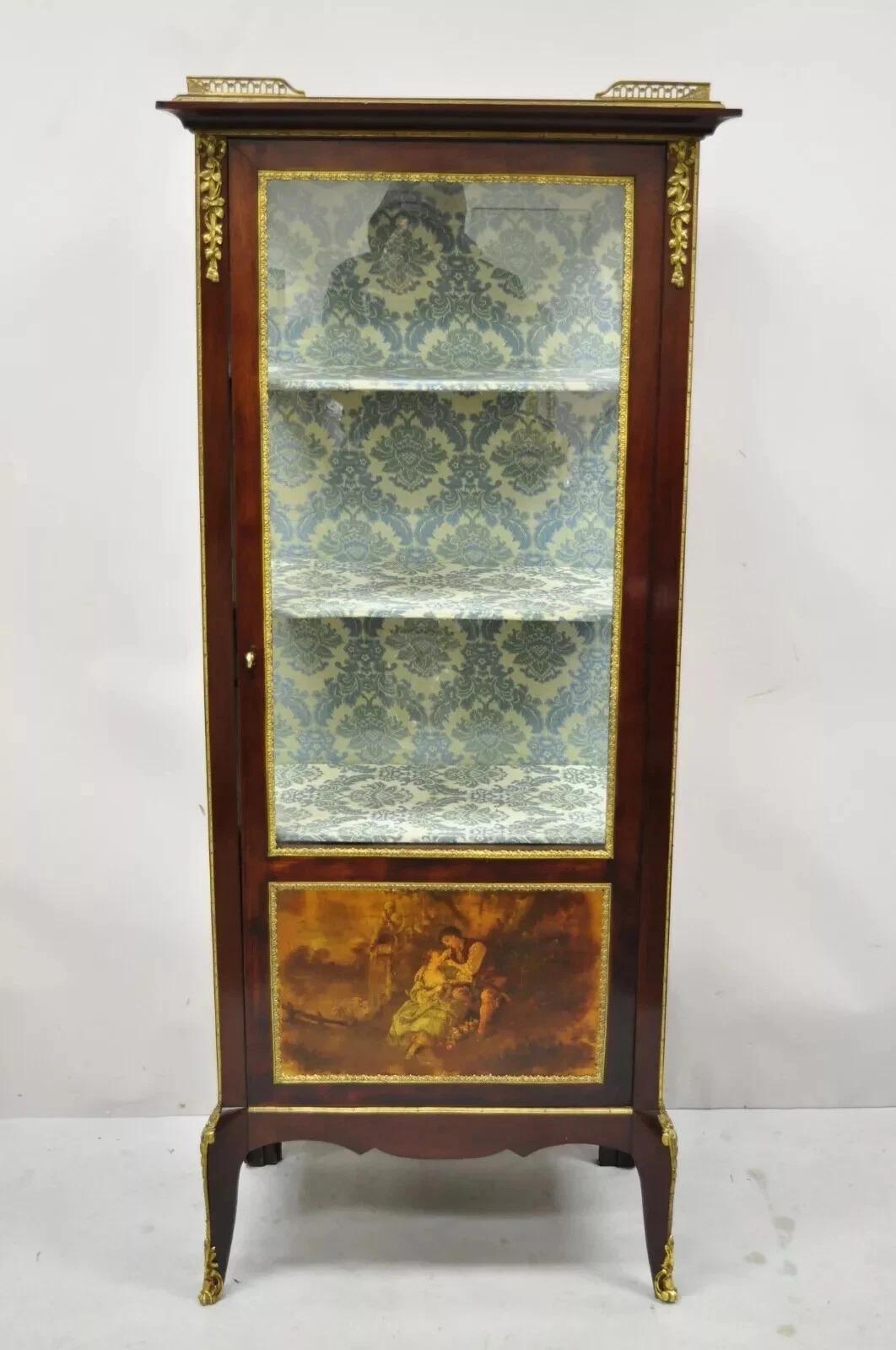 Please message us with your zip code to request a more reasonable domestic U.S. shipping quote.

Antique French Louis XV Style Bronze Mount Hand Painted Curio Display Cabinet. Item features a hand painted door front, finely cast bronze ormolu,