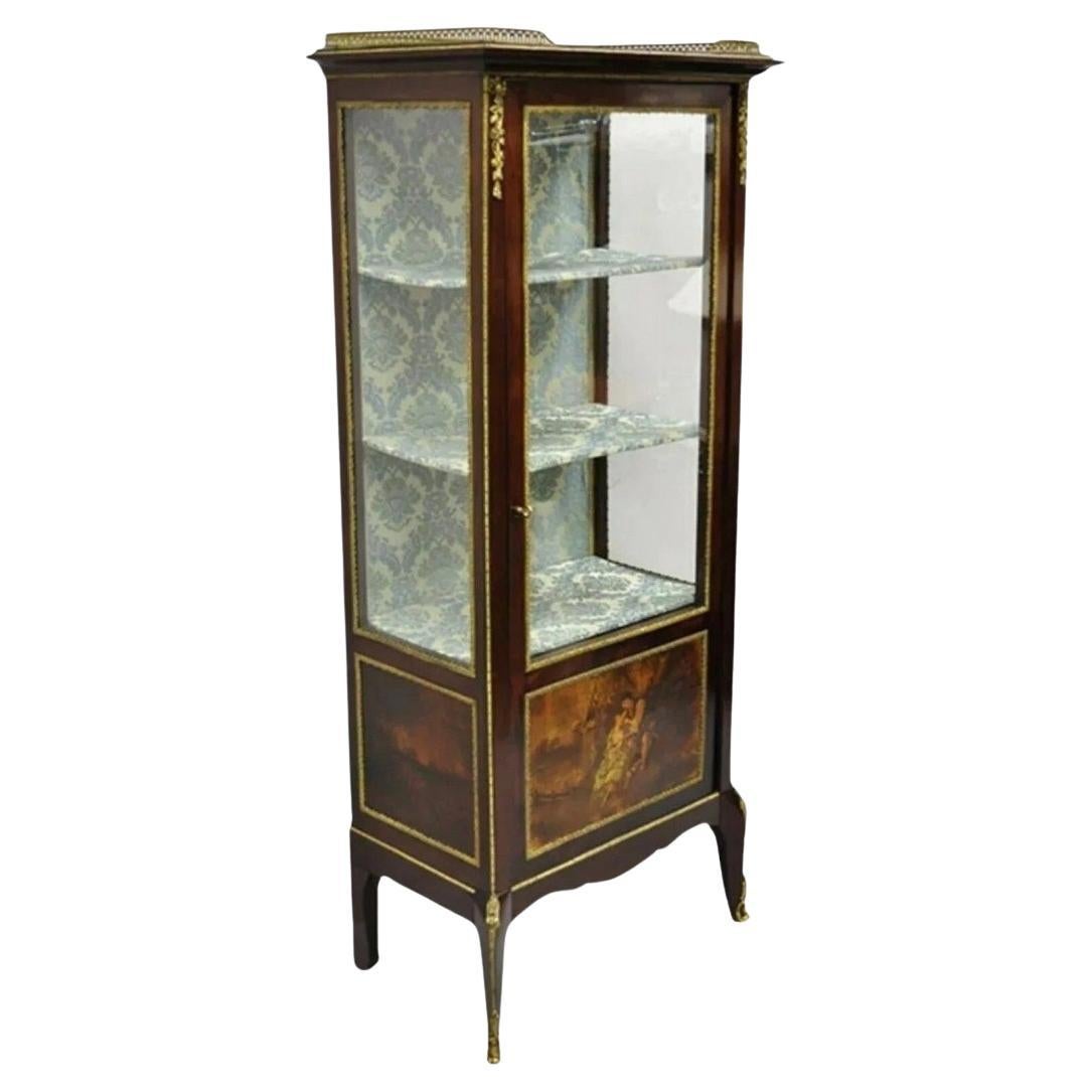 Antique French Louis XV Style Bronze Mount Hand Painted Curio Display Cabinet