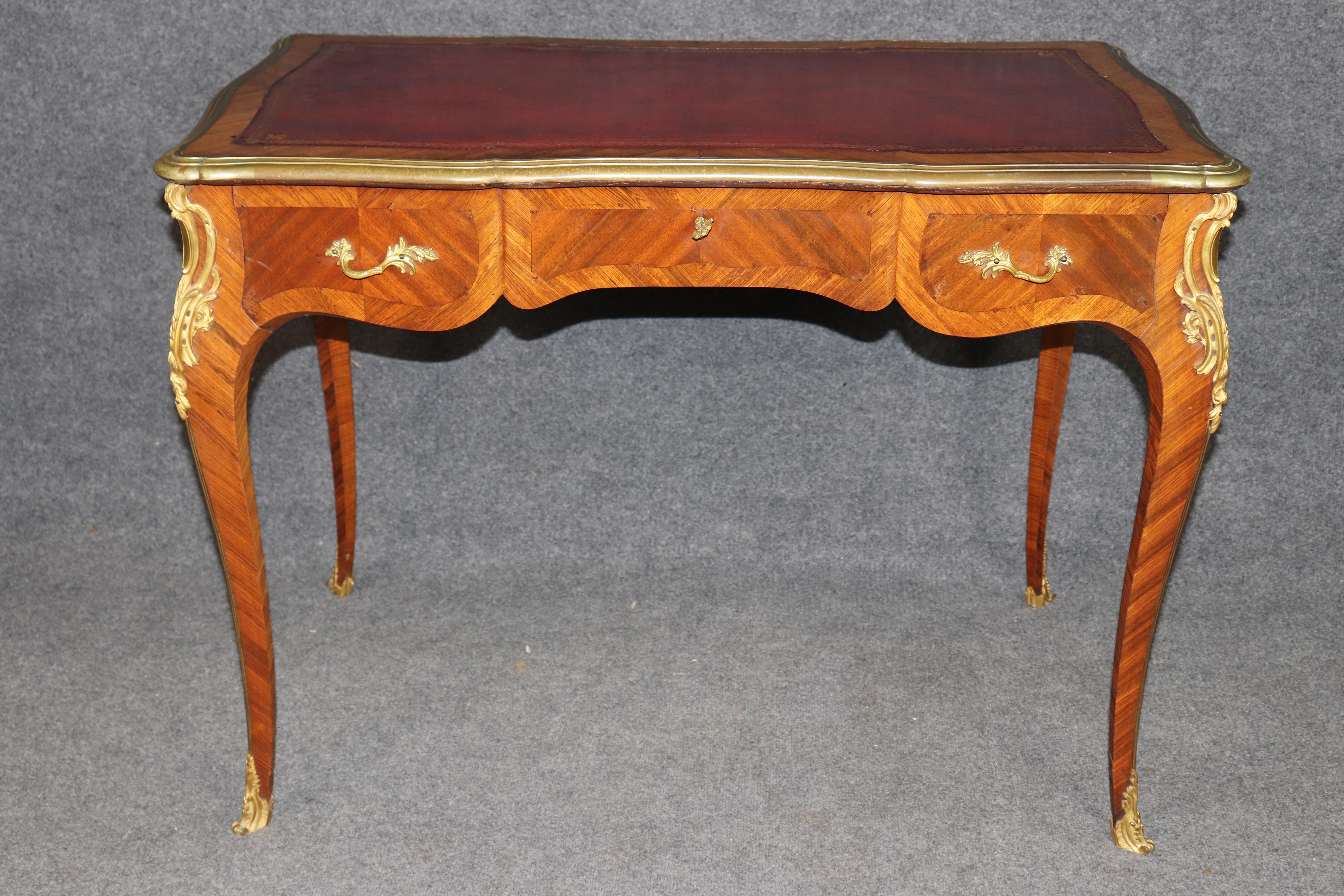 Hand-Carved Antique French Louis XV Style Bronze Mounted Leather Top Desk Signed Billen For Sale