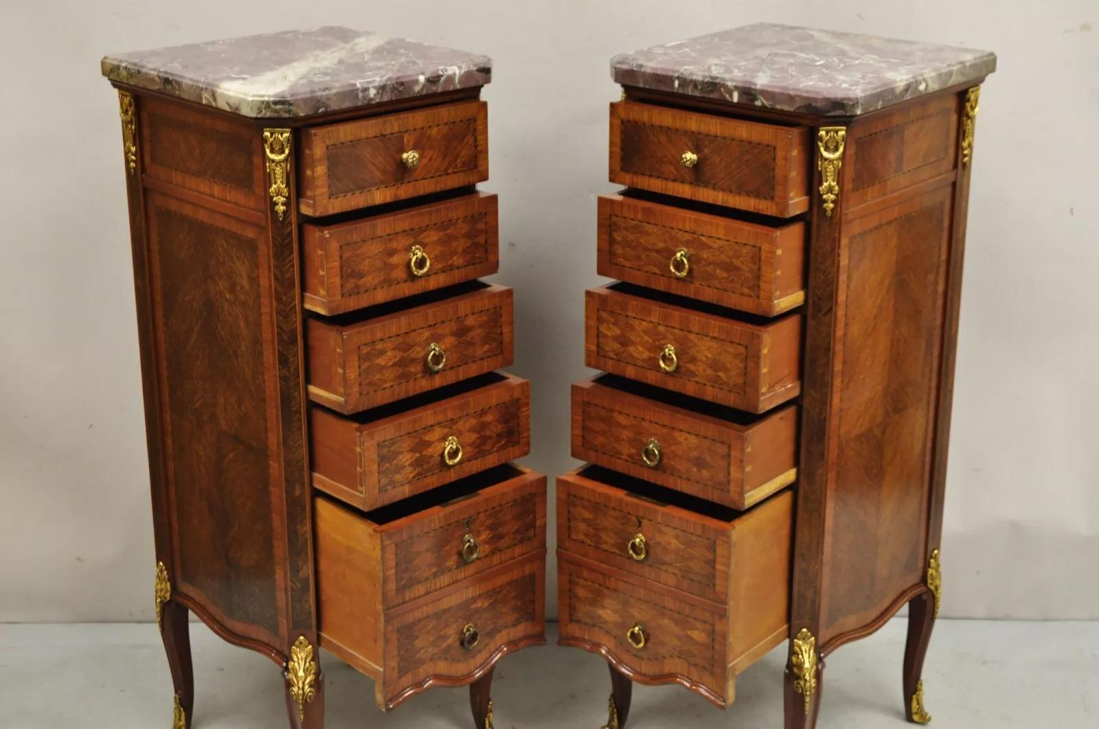 Antique French Louis XV Style Bronze Mounted Marble Top Lingerie Chests (a Pair). Chests feature 5 dovetailed drawers (working lock and key), beautiful satinwood and kingwood inlay, fine bronze mounts, purple rouge marble tops, quality French