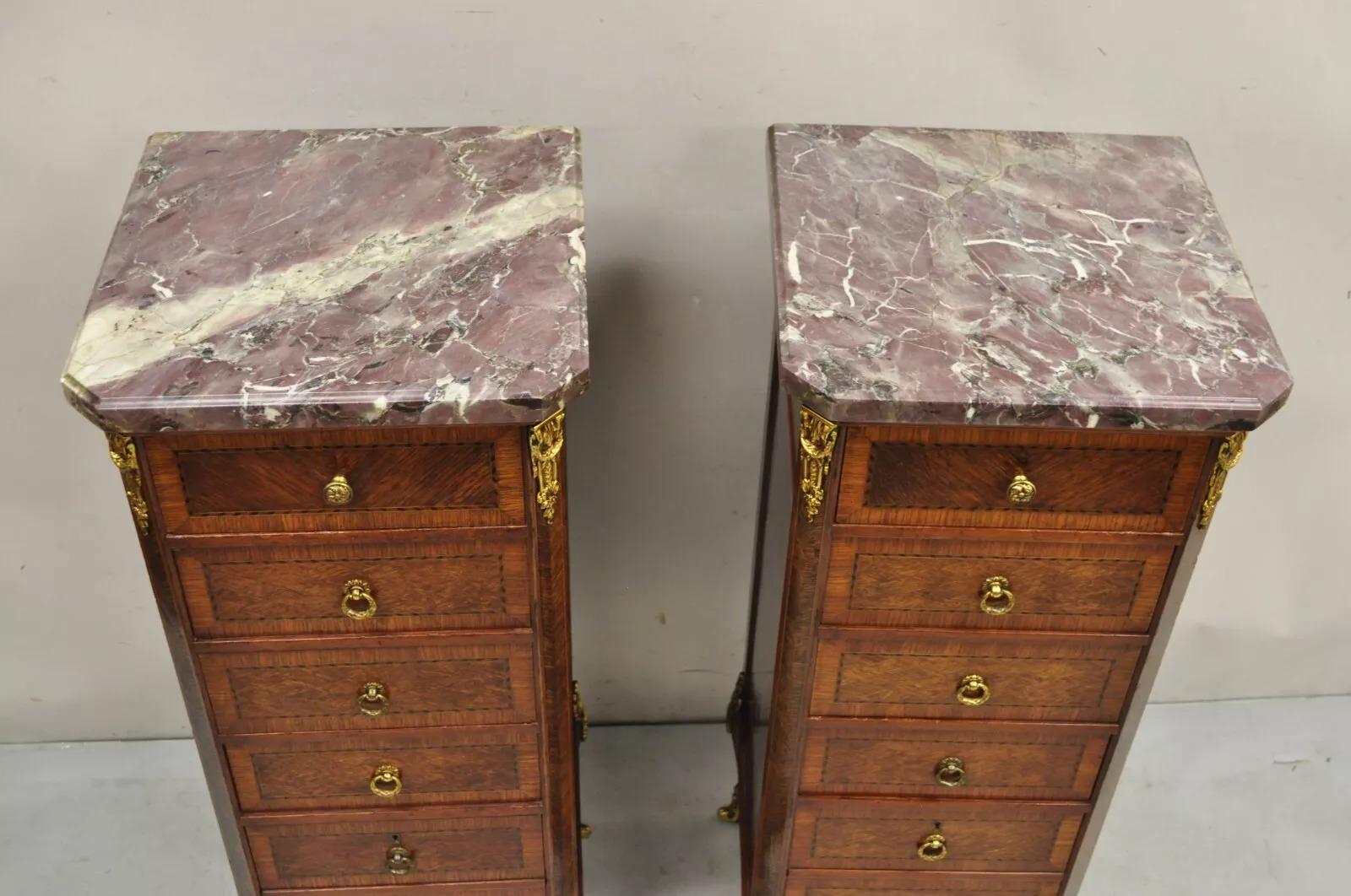20th Century Antique French Louis XV Style Bronze Mounted Marble Top Lingerie Chests - a Pair For Sale