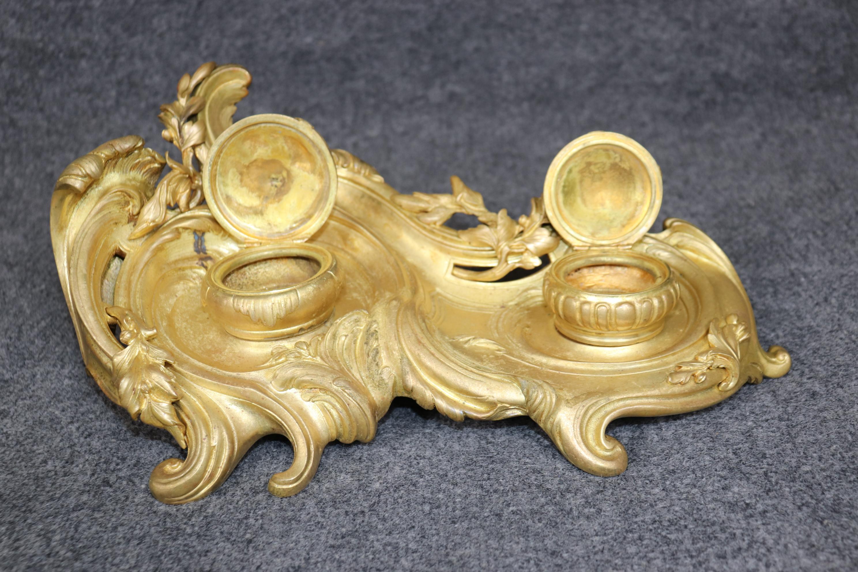 Antique French Louis XV Style Bronze Ormolu Inkwell Signed Van De Voorde For Sale 4