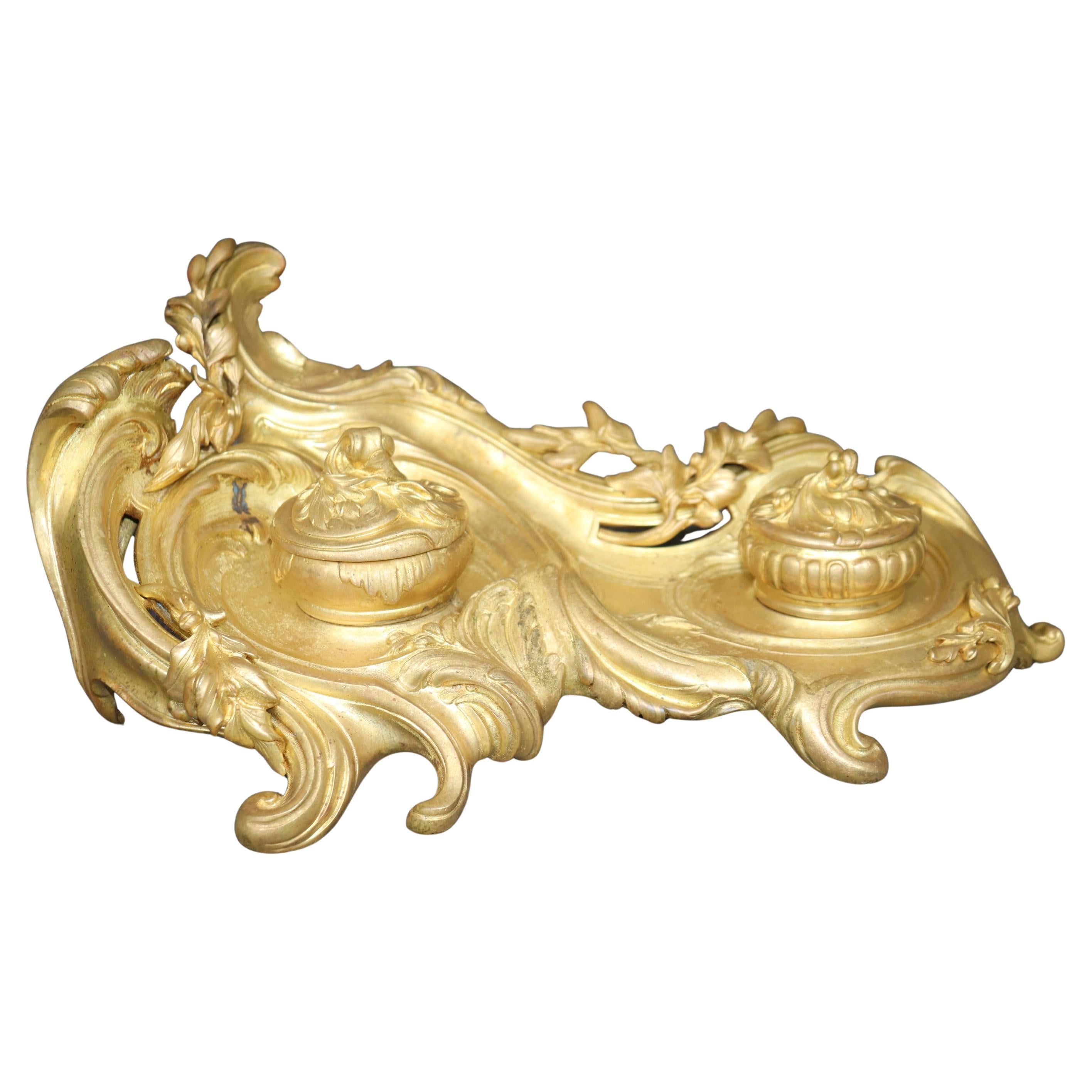 Antique French Louis XV Style Bronze Ormolu Inkwell Signed Van De Voorde