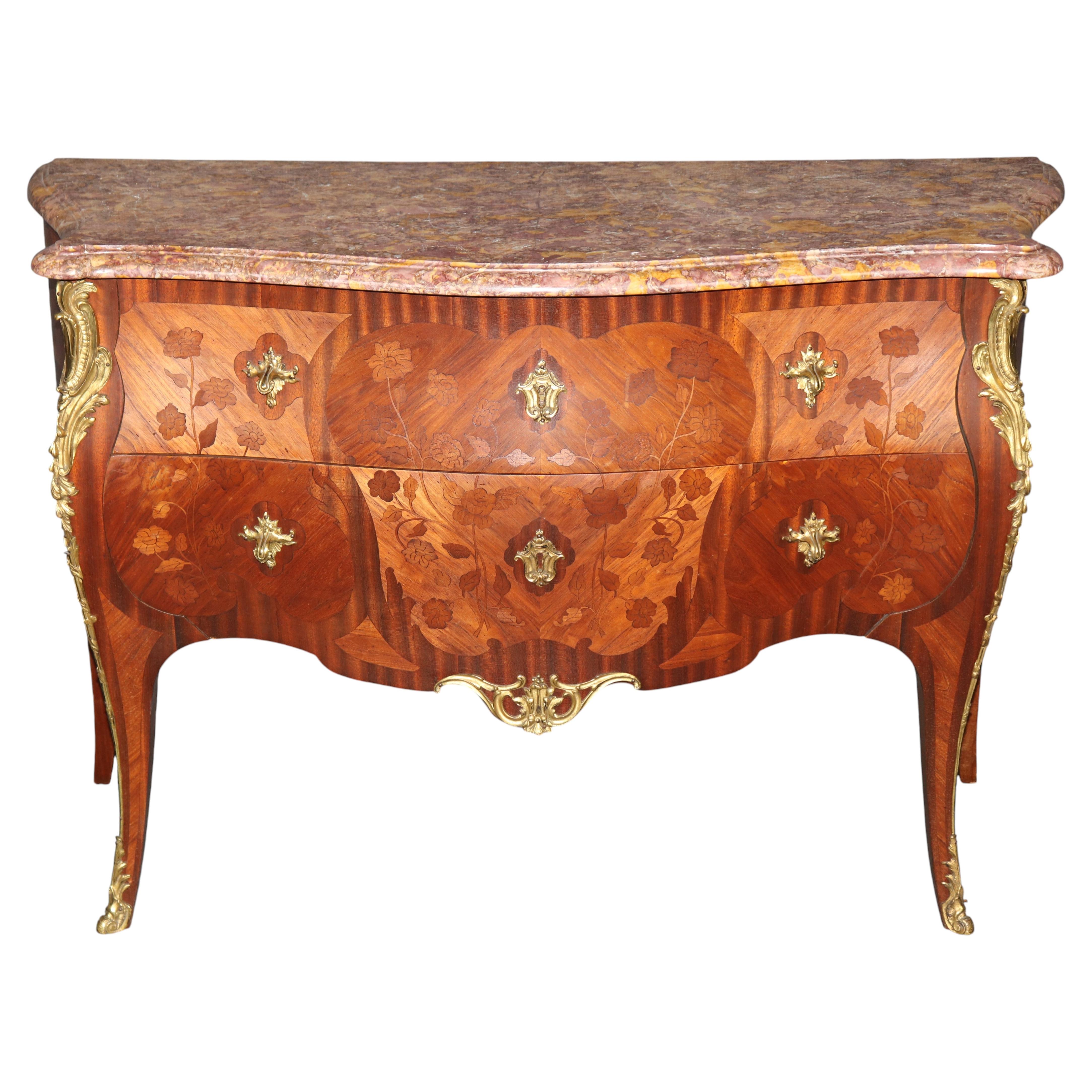 Antique French Louis XV Style Bronze Ormolu Mounted Marble Top Commode For Sale