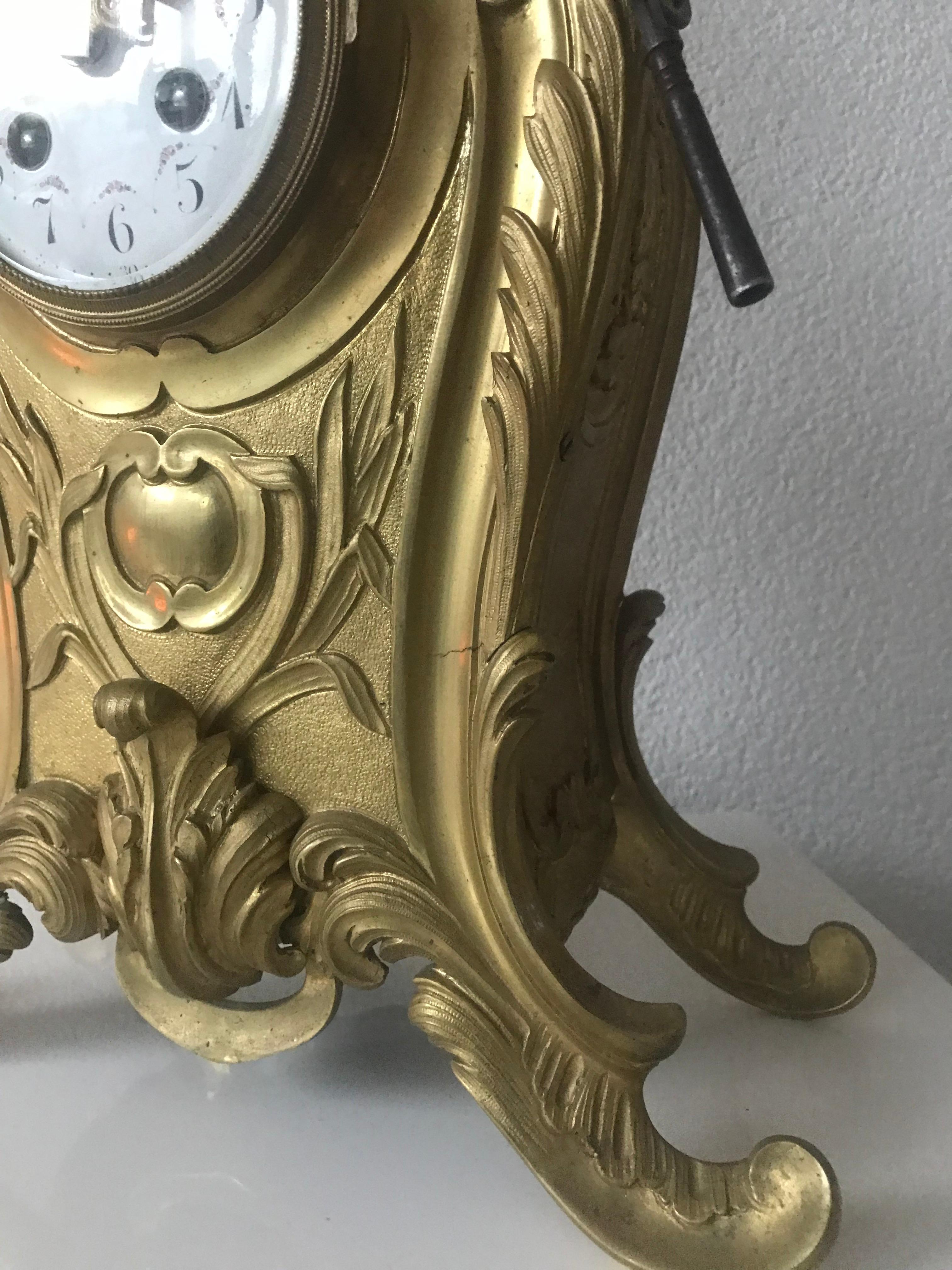 Enamel Antique French Louis XV Style Bronze Pendulum Mantel Clock with Flowery Decor For Sale