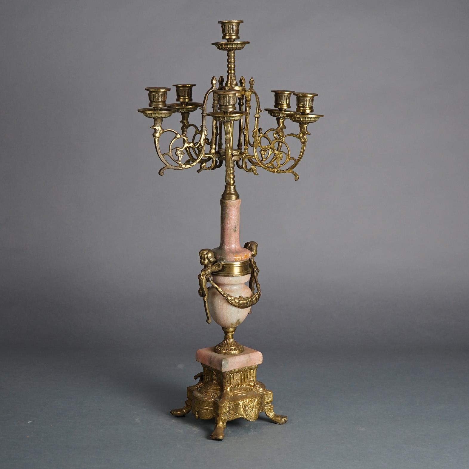 Antique French Louis XV Style Bronze & Rouge Marble Figural Candelabra C1920 In Good Condition For Sale In Big Flats, NY