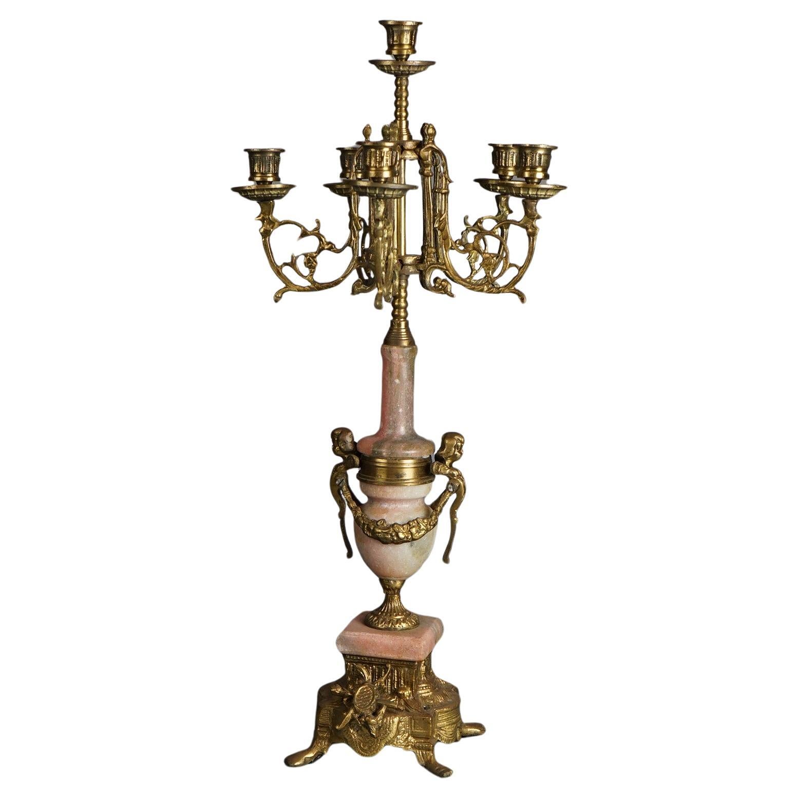 Ancien candélabre français de style Louis XV en bronze et marbre rouge C1920