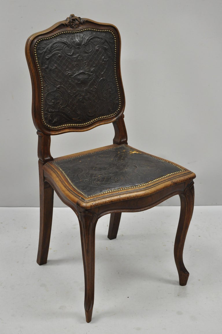 Download Antique French Louis XV Style Brown Embossed Leather Walnut Dining Side Chair A For Sale at 1stdibs