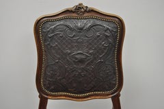 Antique French Louis XV Style Brown Embossed Leather Walnut Dining Side Chair A
