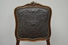Antique French Louis XV Style Brown Embossed Leather Walnut Dining Side Chair A