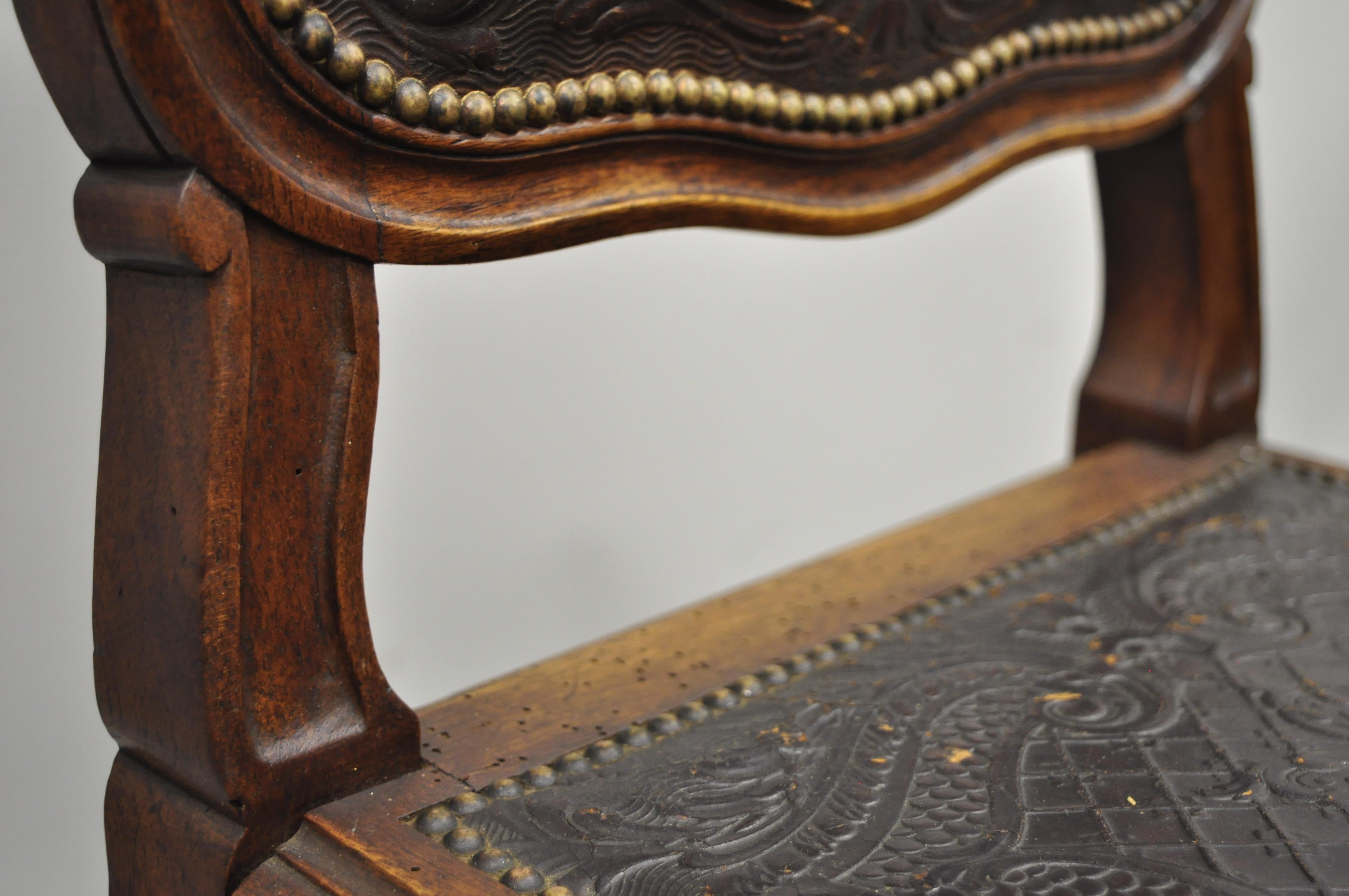 Antique French Louis XV Style Brown Embossed Leather Walnut Dining Side Chair A For Sale 2