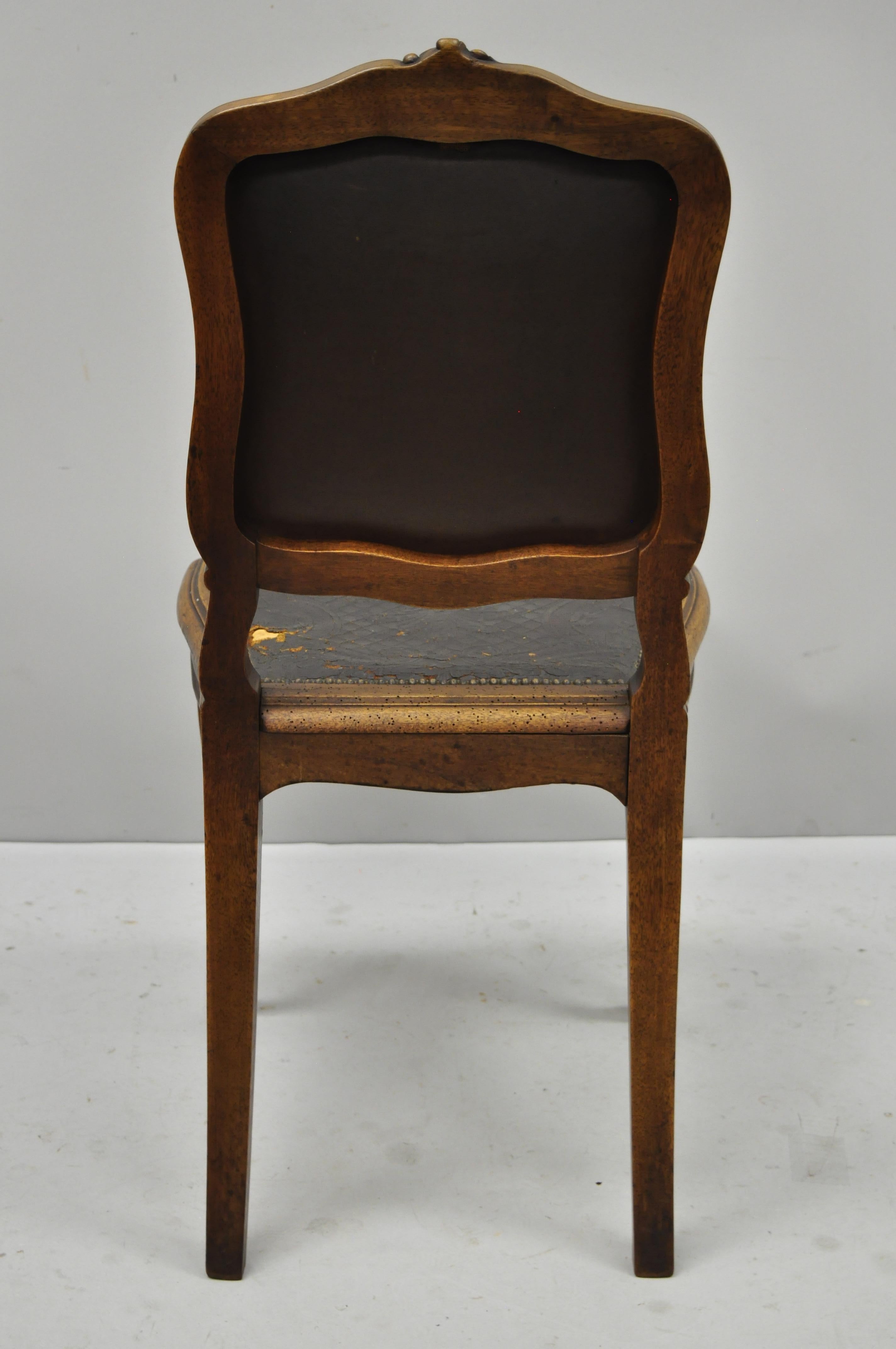 Antique French Louis XV Style Brown Embossed Leather Walnut Dining Side Chair A For Sale 4