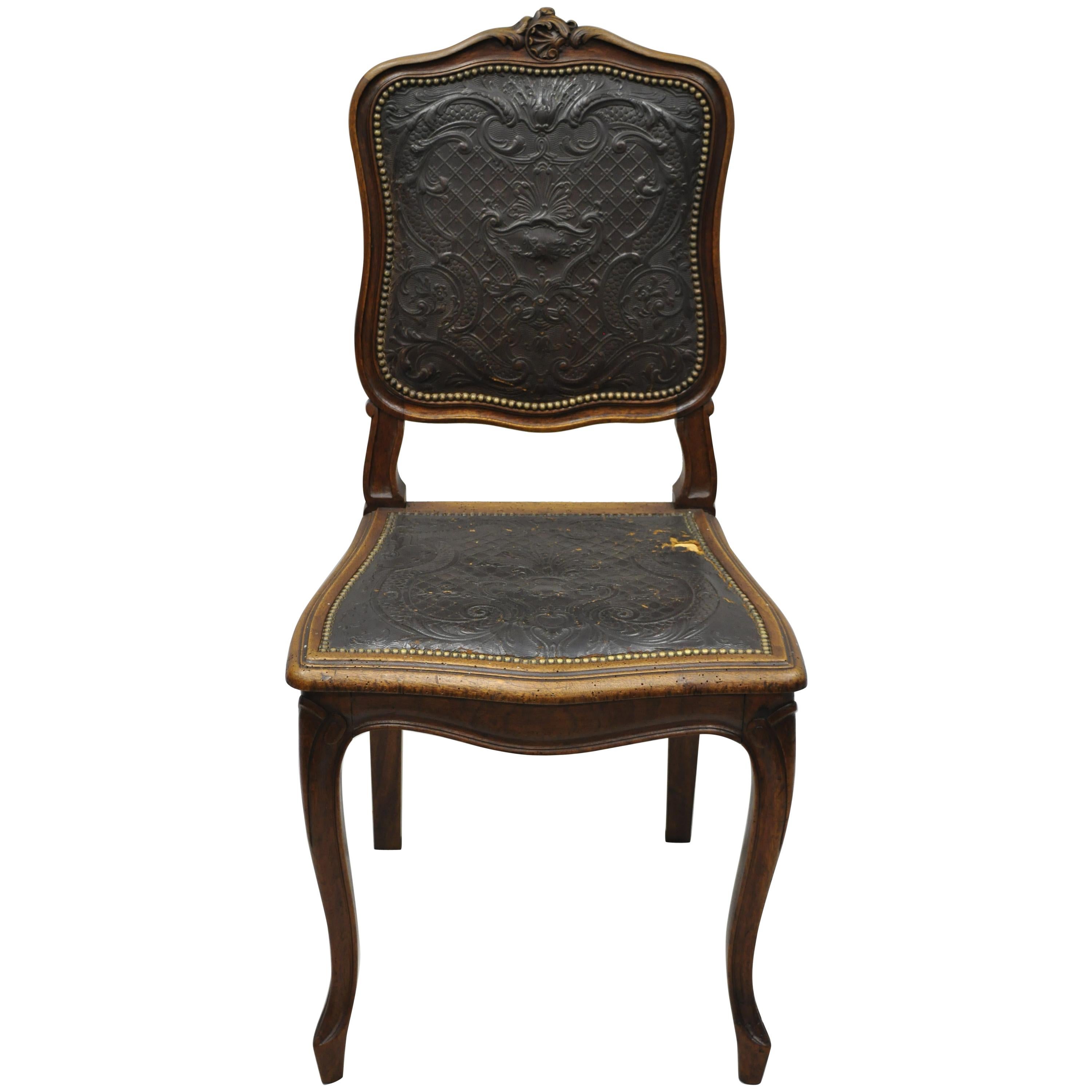 Antique French Louis XV Style Brown Embossed Leather Walnut Dining Side Chair A