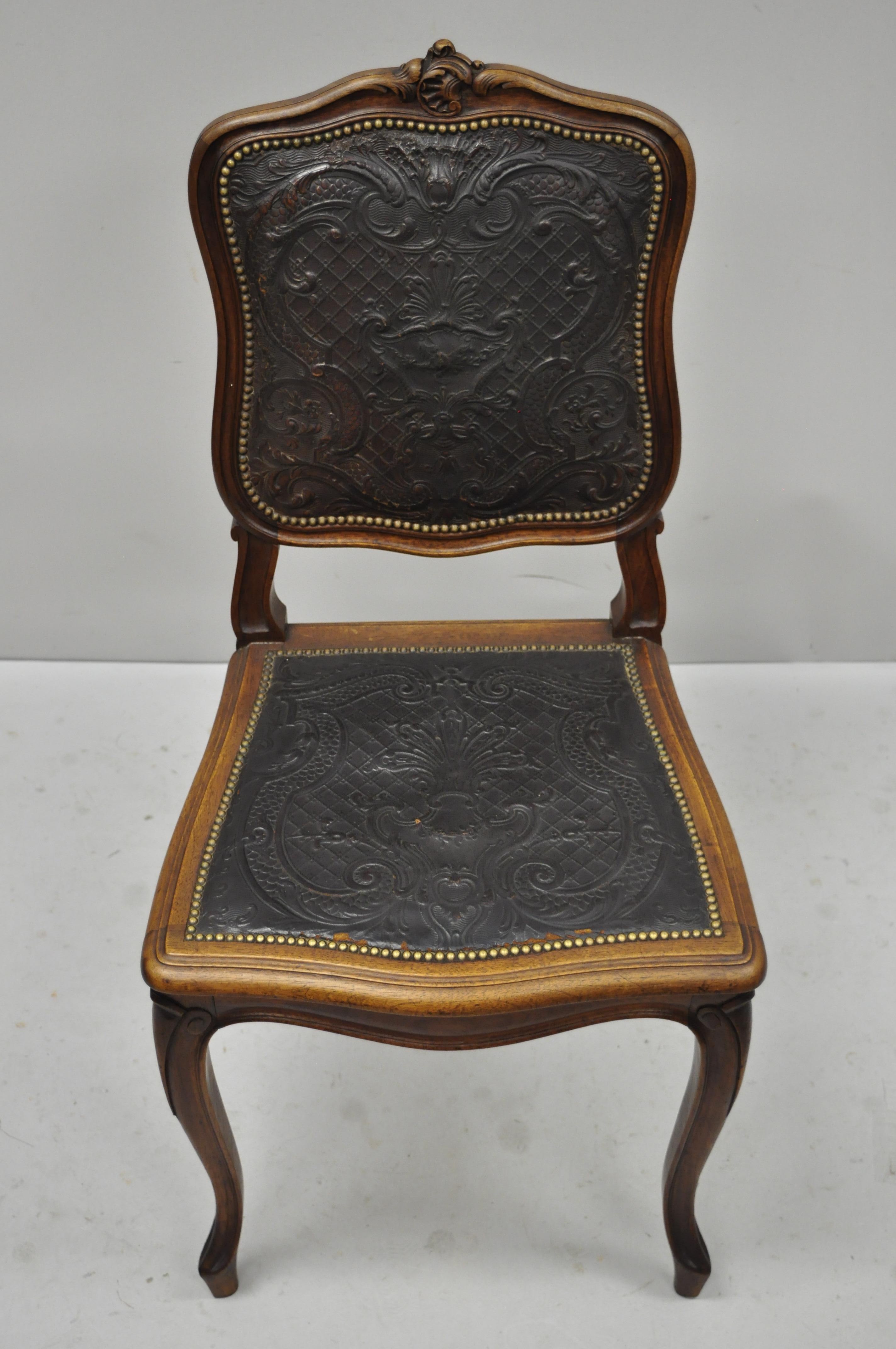 Antique French Louis XV Style Brown Embossed Leather Walnut Dining Side Chair B 7