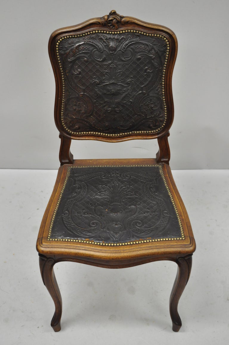 Download Antique French Louis XV Style Brown Embossed Leather Walnut Dining Side Chair B at 1stDibs